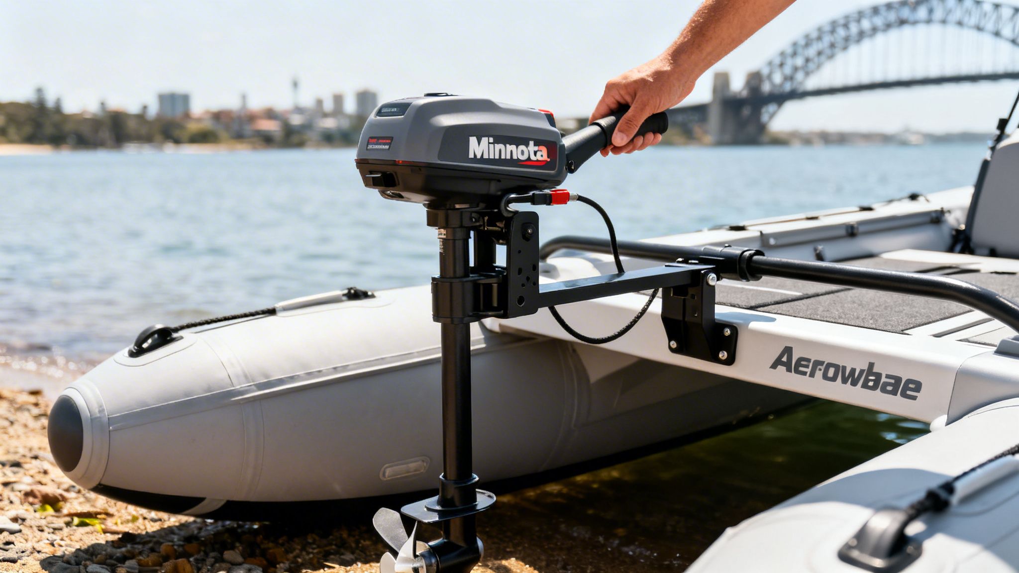 A person's hand operates a Minnkota electric motor mounted on a light grey Aerowbae inflatable boat on a beach.