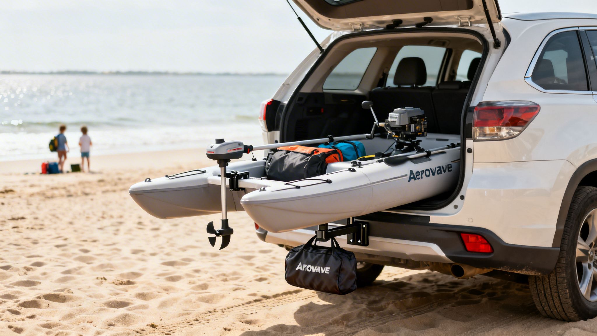 White SUV on a sandy beach with an inflatable kayak, Minn Kota motor, and gear mounted on the back.