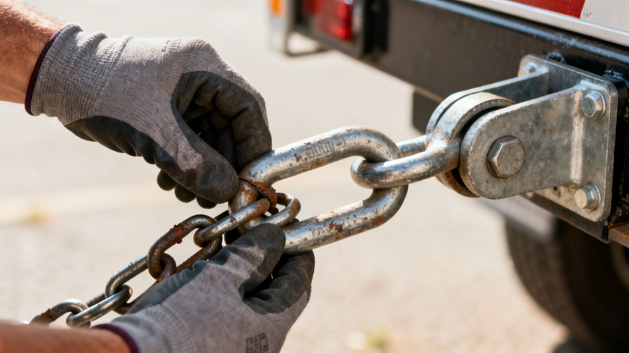 A person wearing work gloves secures a safety chain for a trailer to a metal hitch mount.