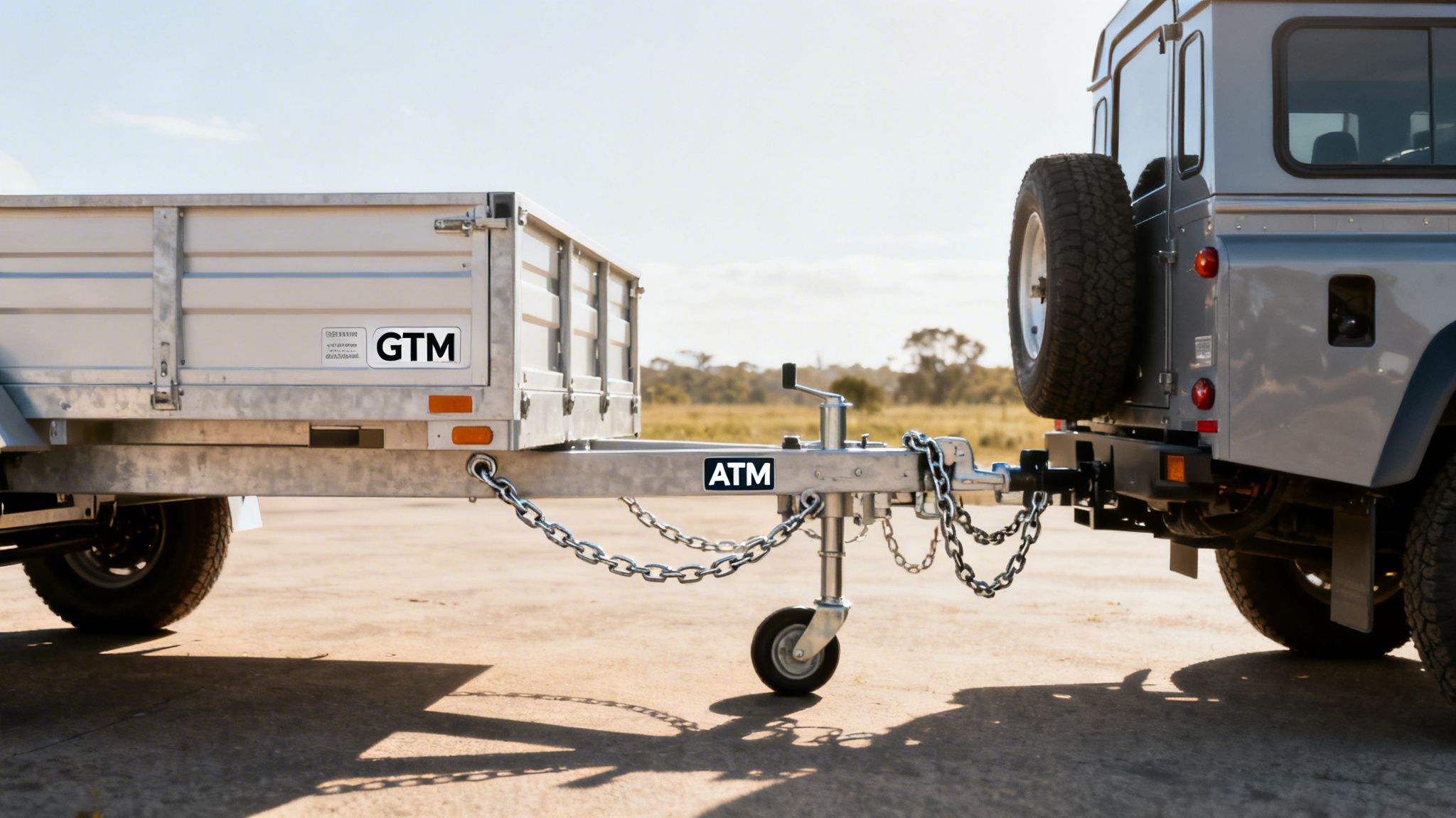 A silver utility trailer attached to a vehicle with safety chains on a sunny outdoor road.