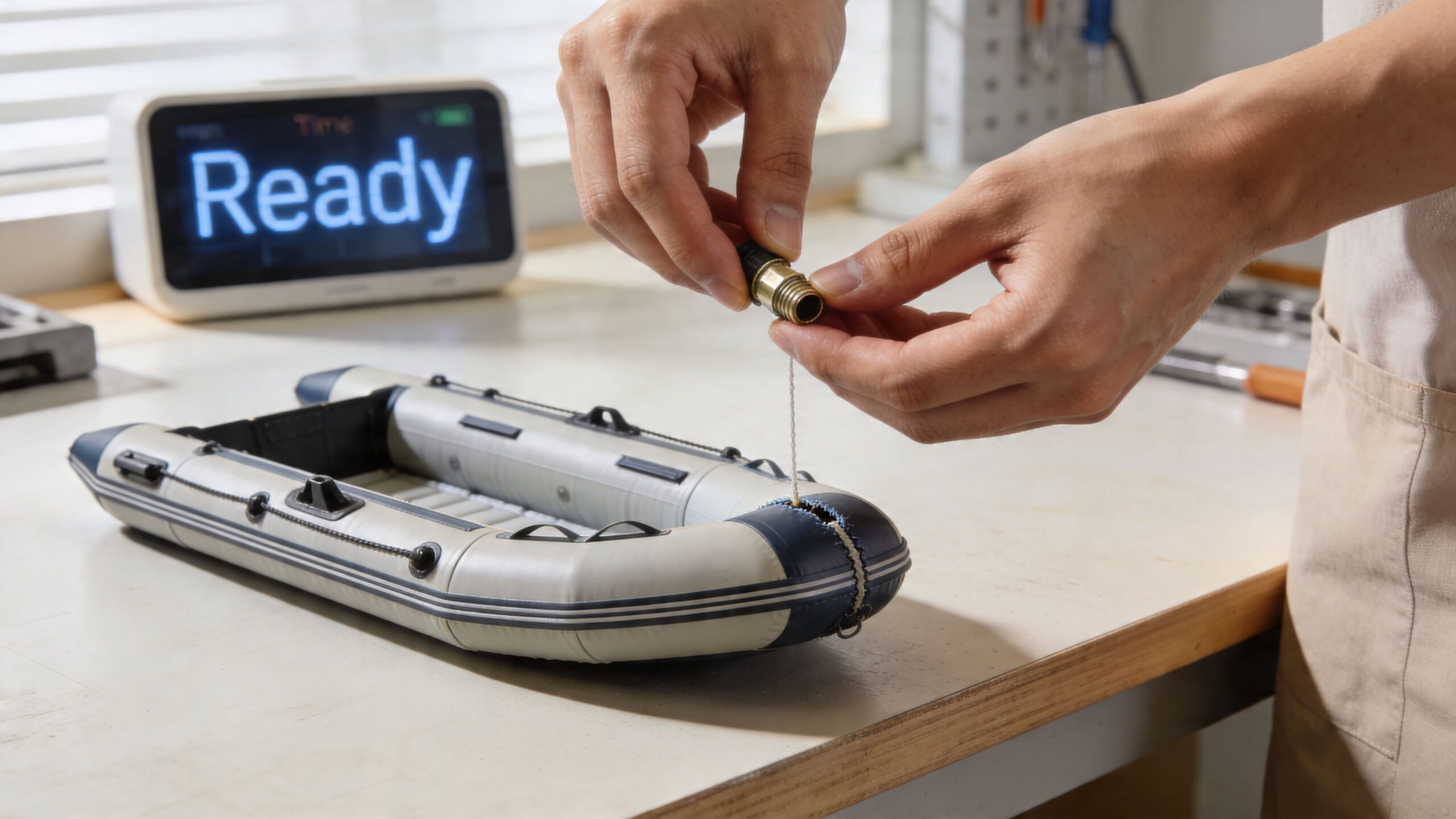 A person repairing a small inflatable boat using a connector tool on a workbench near a timer.