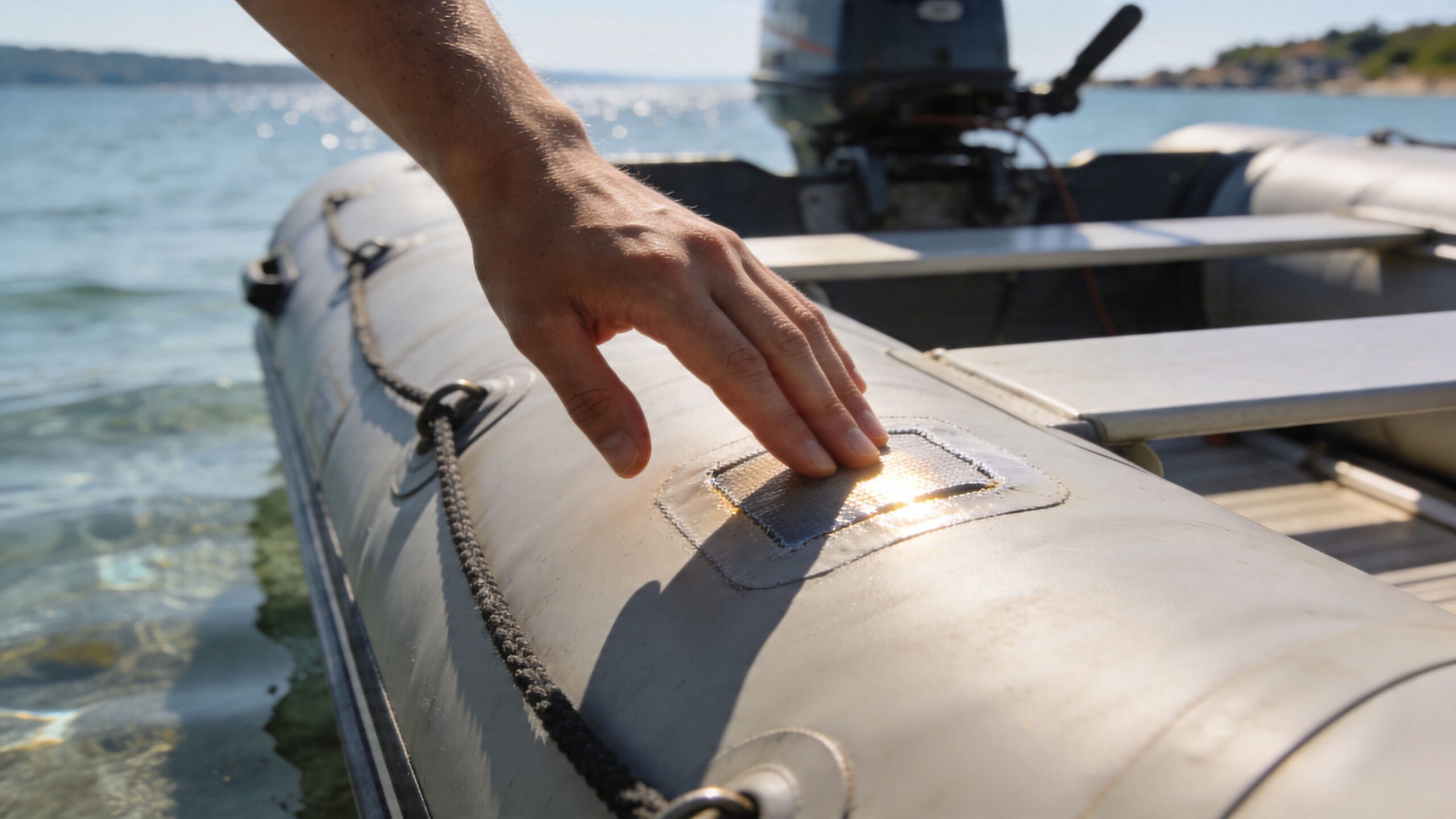 A person's hand touches a patch on the side of a gray inflatable boat floating on water.