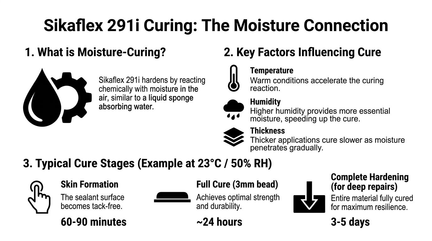 An infographic detailing the moisture-curing process, environmental factors, and cure times for Sikaflex 291i marine sealant.