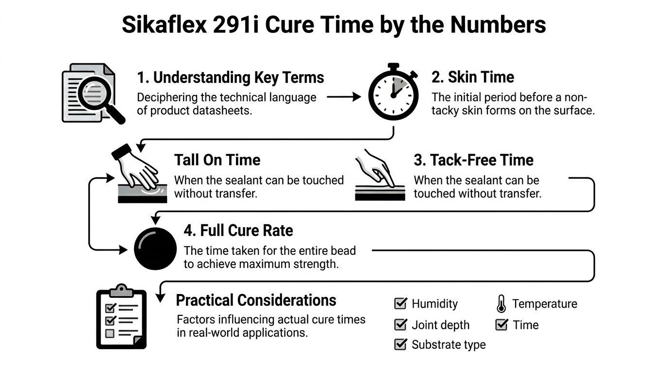An infographic detailing the various cure time stages for Sikaflex 291i marine sealant and adhesive.