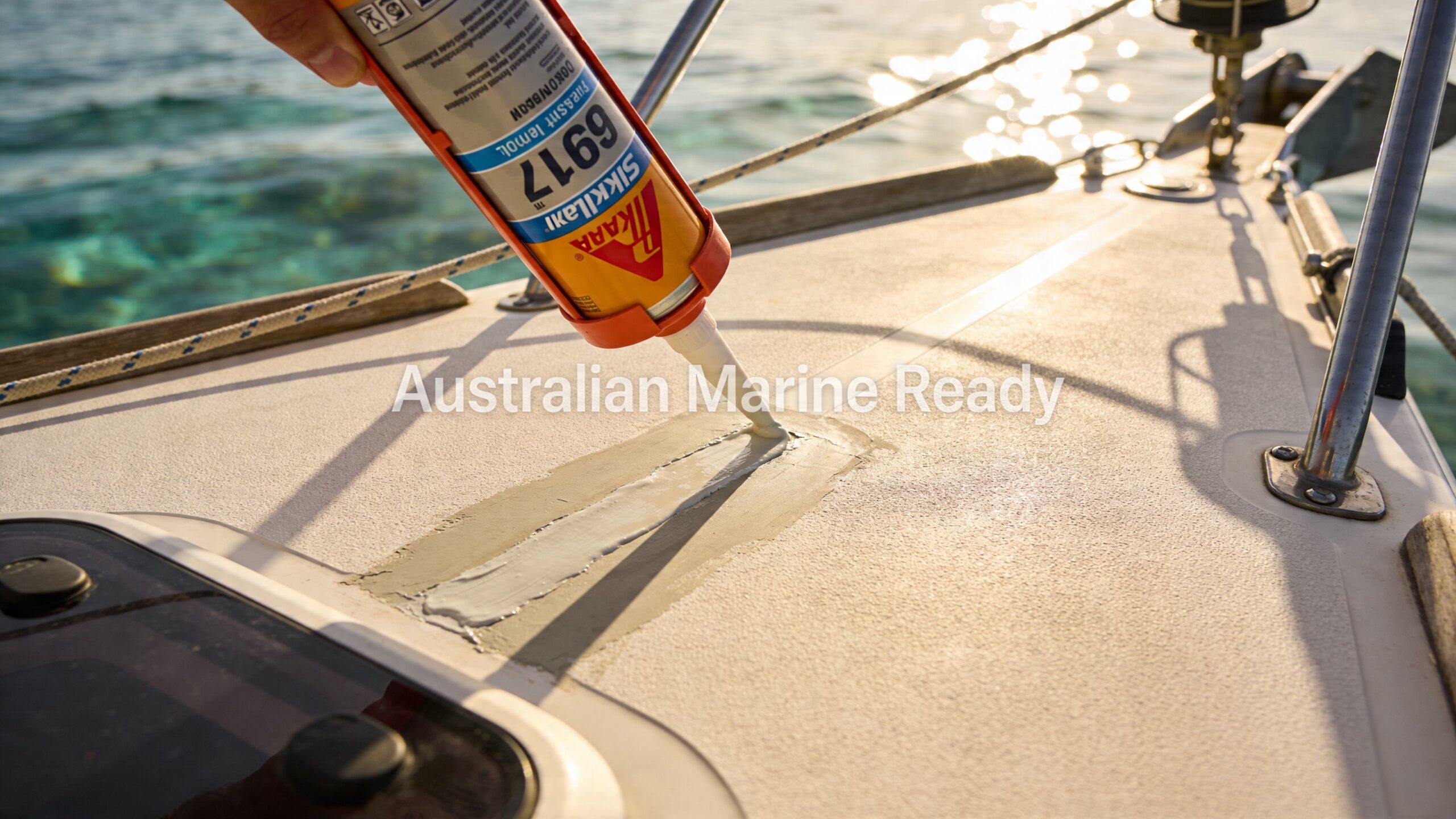 A person applies white Sikaflex marine sealant to the deck of a sailboat near the ocean.