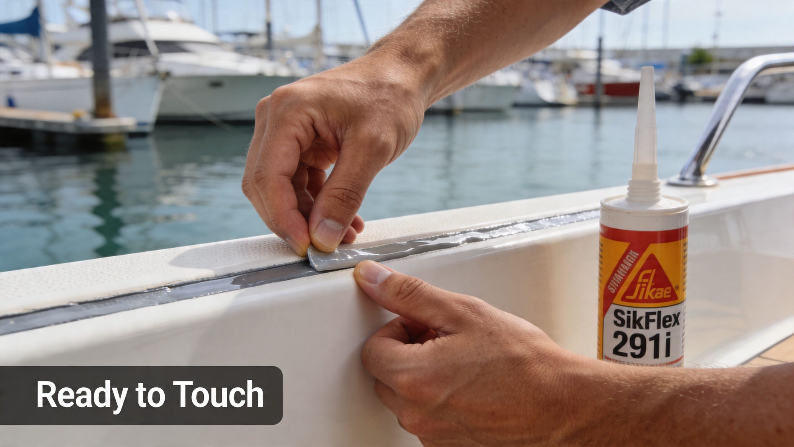A close-up view of hands applying gray marine sealant to a boat deck with Sikaflex 291i cartridge.