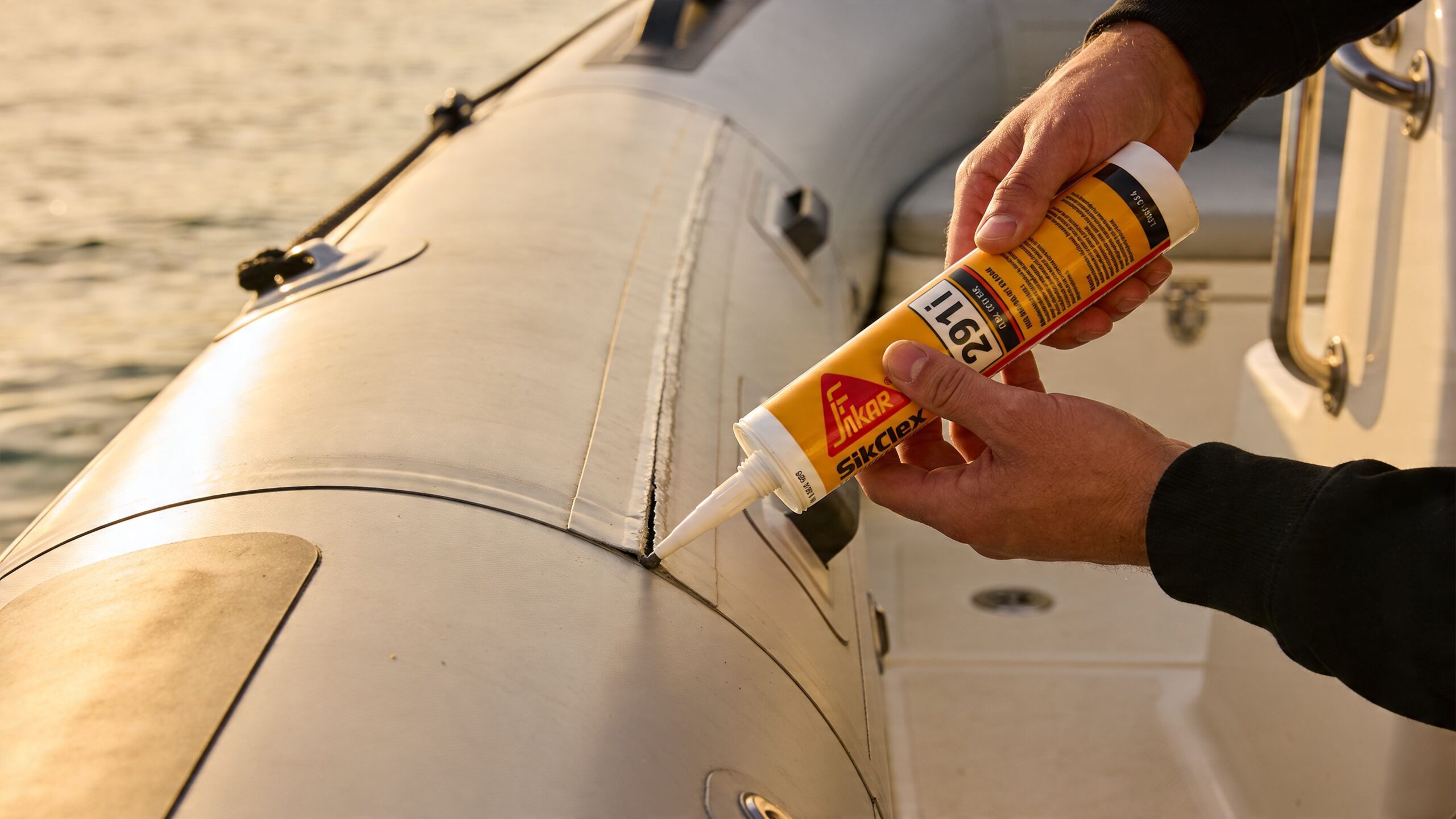 A person applying Sikaflex 291i sealant to the seam of an inflatable boat using a caulking gun.