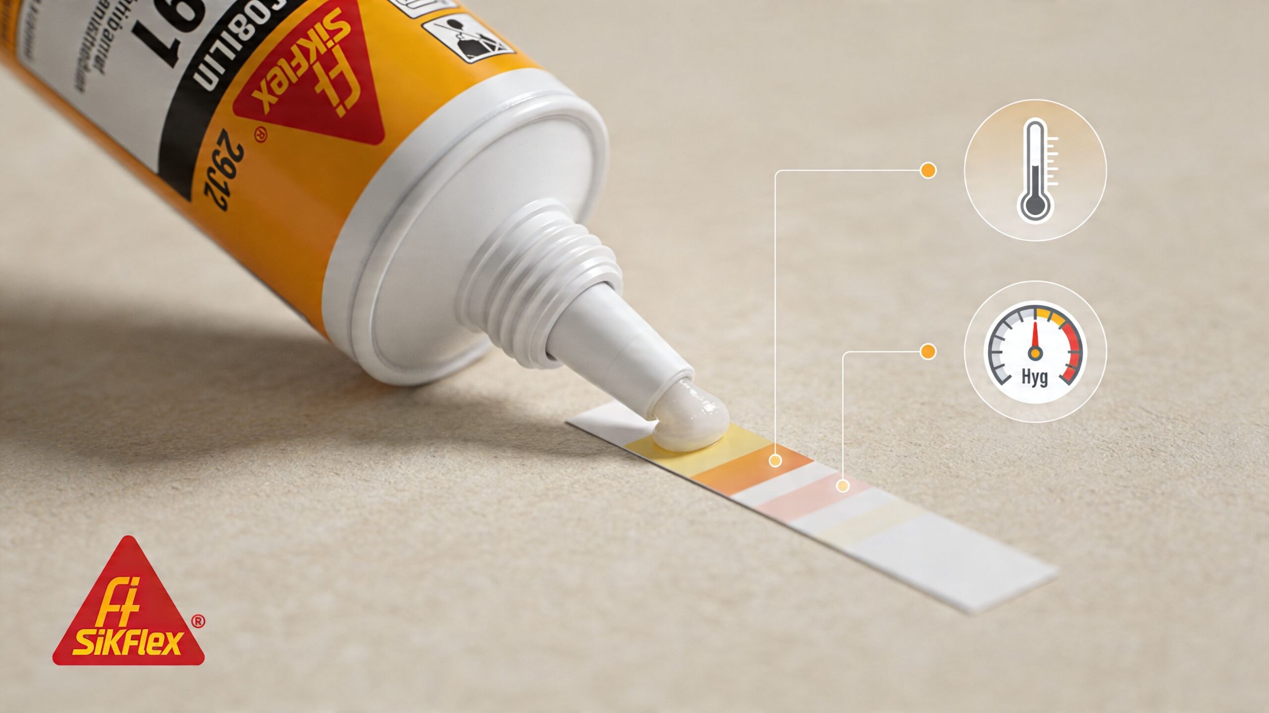 A tube of Sikaflex 291i sealant being applied to a paper test strip to monitor curing conditions.