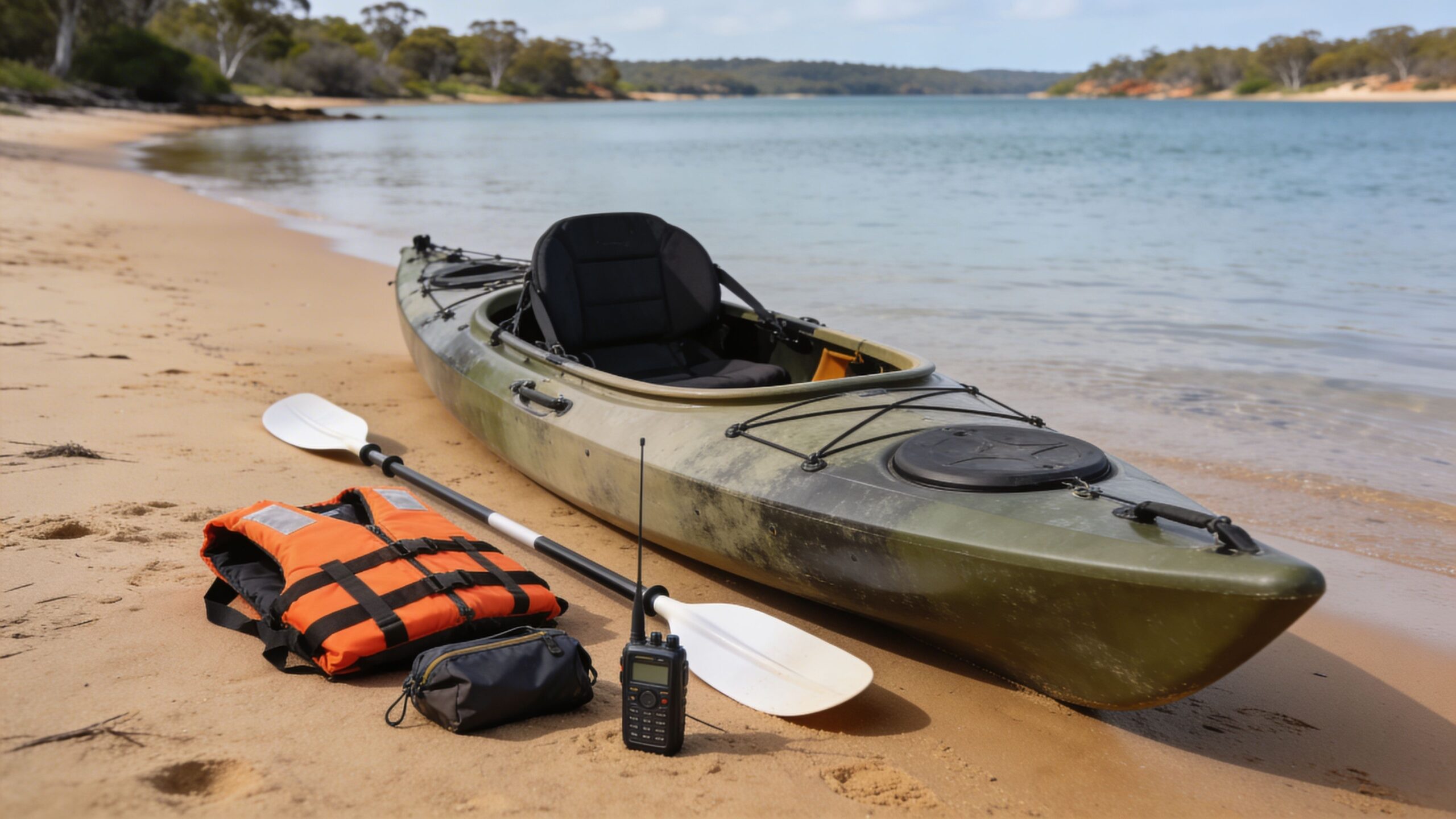 A camouflage sit-in kayak with a paddle, life vest, and radio on a sandy riverbank.