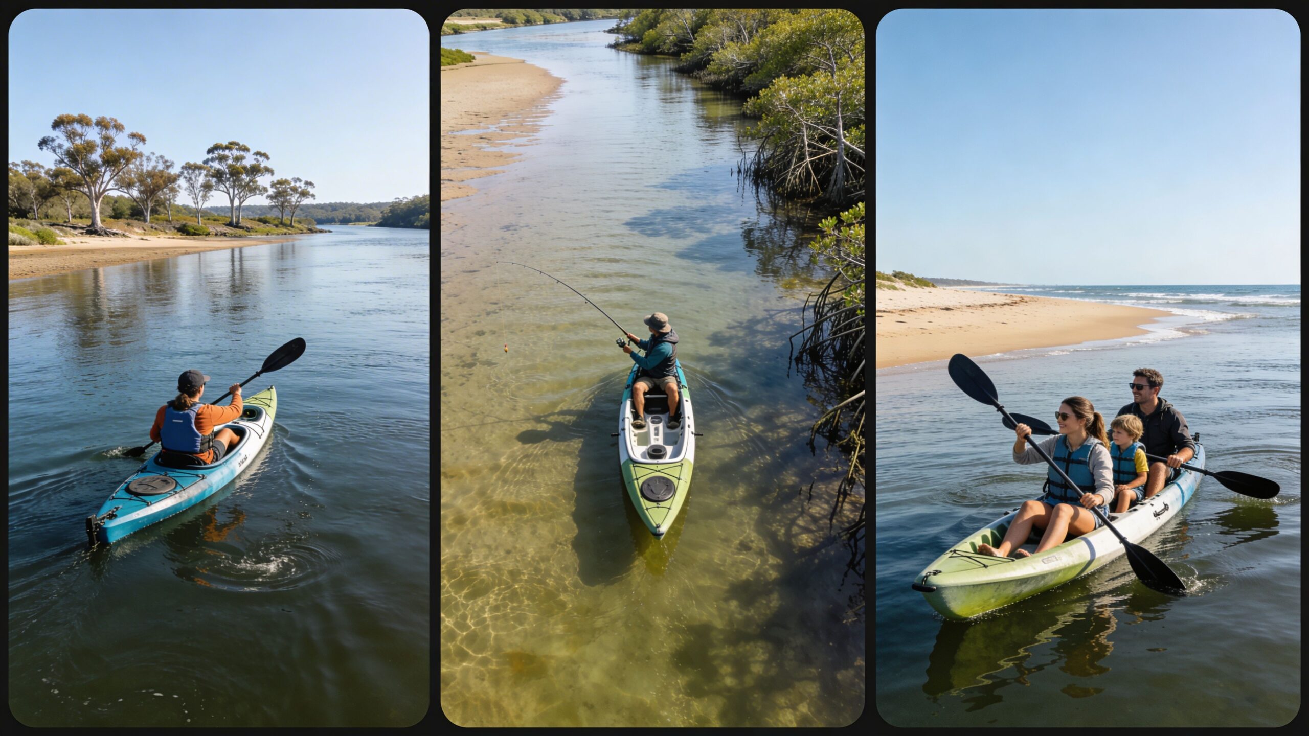 A collage showing people enjoying various water activities in sit in kayaks on a sunny day.