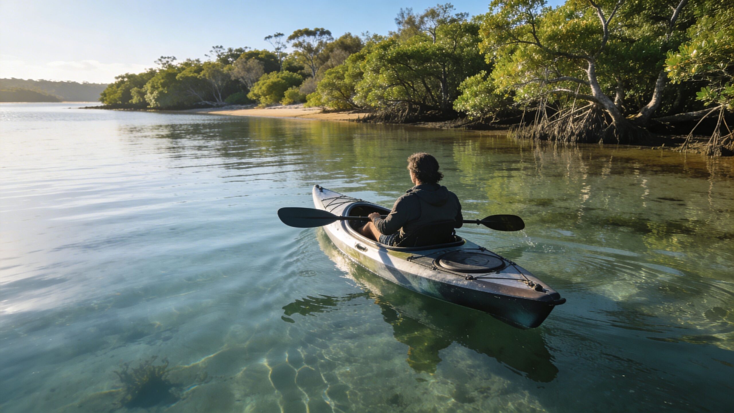 A person kayaking in a calm, clear tropical bay near mangroves on a sunny day.