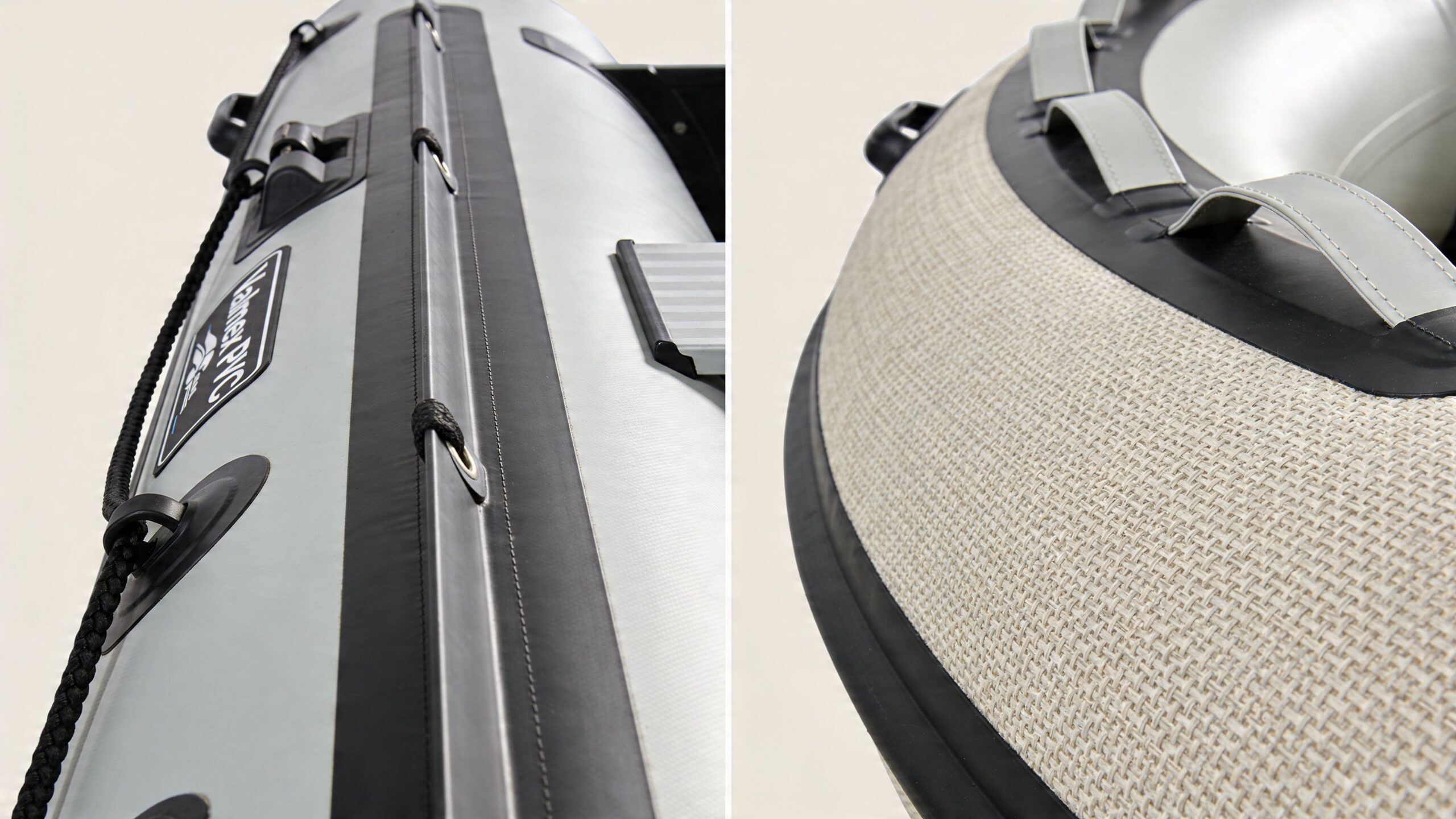 Close-up shots showing the high-quality durable materials and construction details of an inflatable boat.