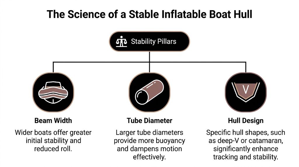 An infographic titled The Science of a Stable Inflatable Boat Hull illustrating three key stability pillars.