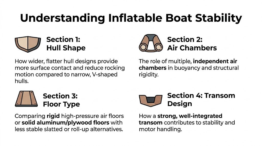 An infographic titled Understanding Inflatable Boat Stability, illustrating four key factors affecting the performance of inflatable boats.