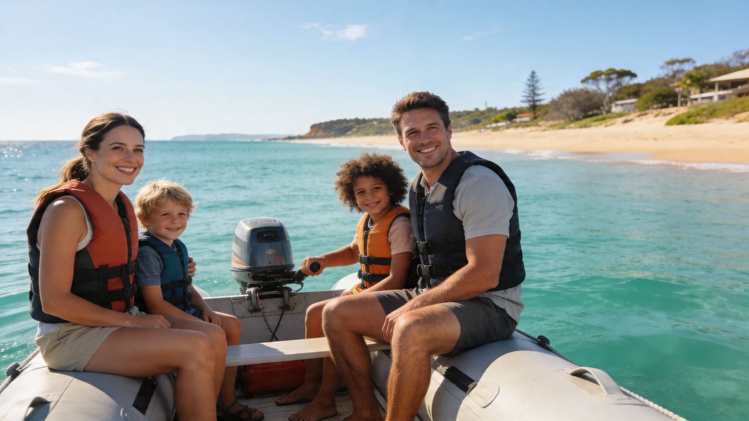 A happy family of four sitting on a stable inflatable boat in the clear waters near an Australian beach.