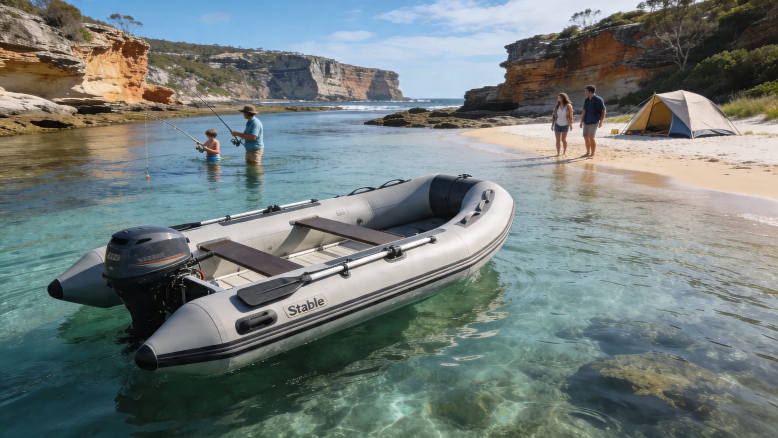 A gray Stable inflatable boat floating in clear coastal waters near a beach with people camping and fishing.
