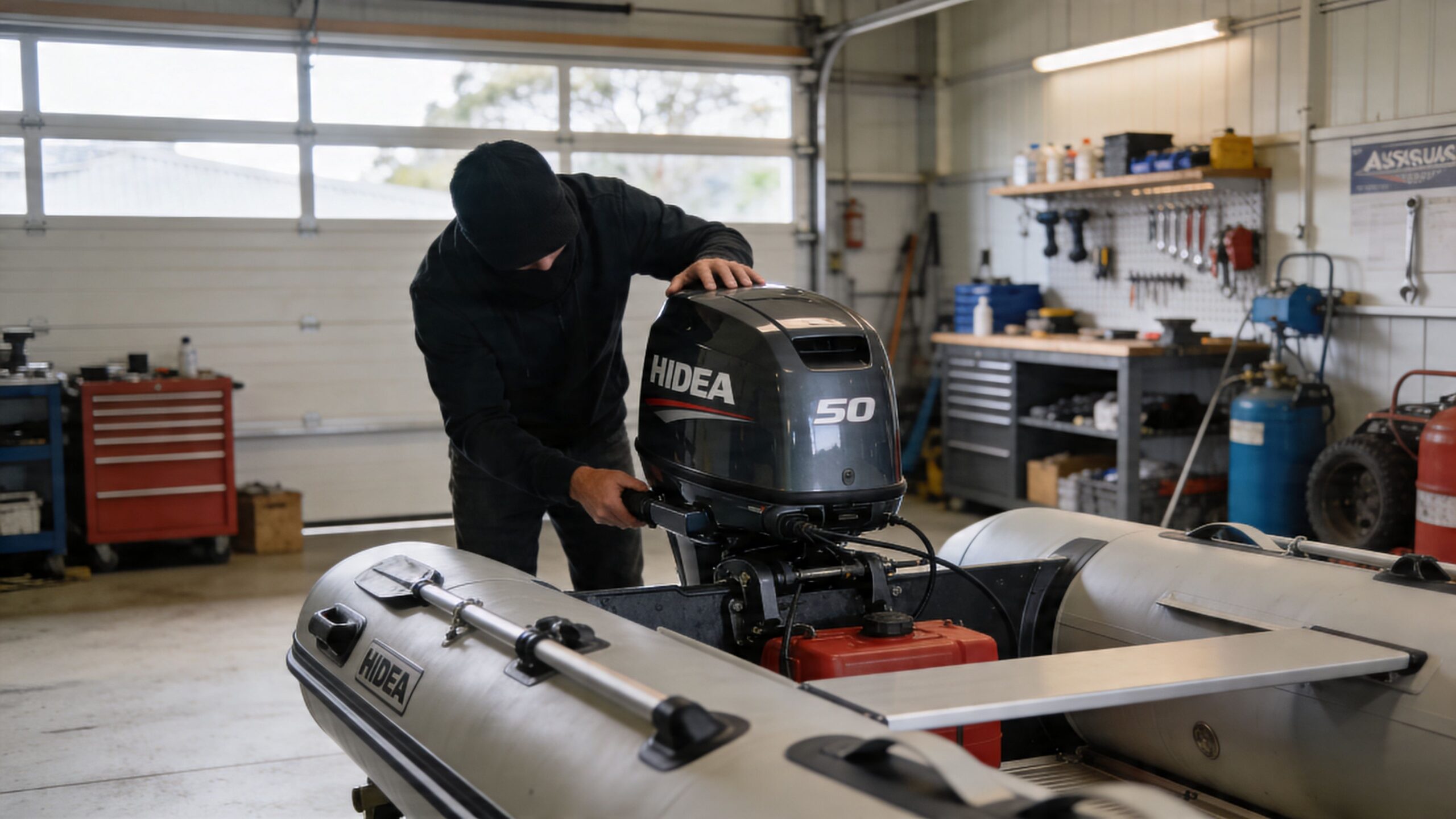 A mechanic in a workshop prepares a Hidea 50 outboard engine on an inflatable boat.