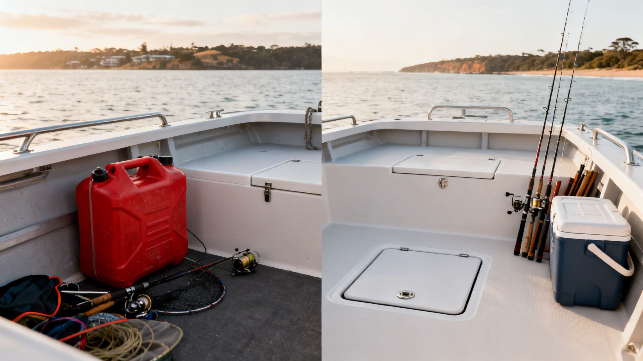A boat deck with a red fuel tank, fishing rods, cooler, and gear, against a sunset ocean background.