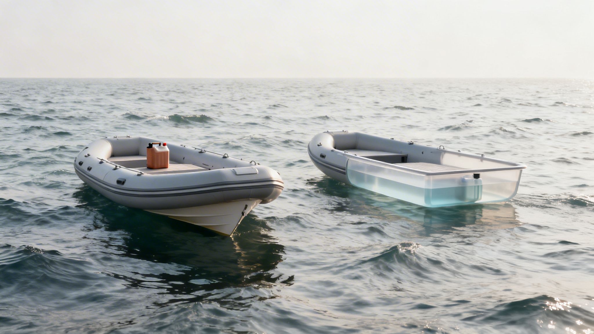 Two small boats, one with an orange fuel can and one with a transparent bottom, float on calm sea.