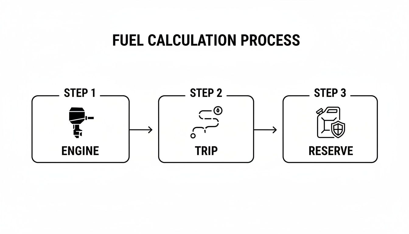 A three-step diagram illustrating the fuel calculation process for a boat, including engine, trip, and reserve.