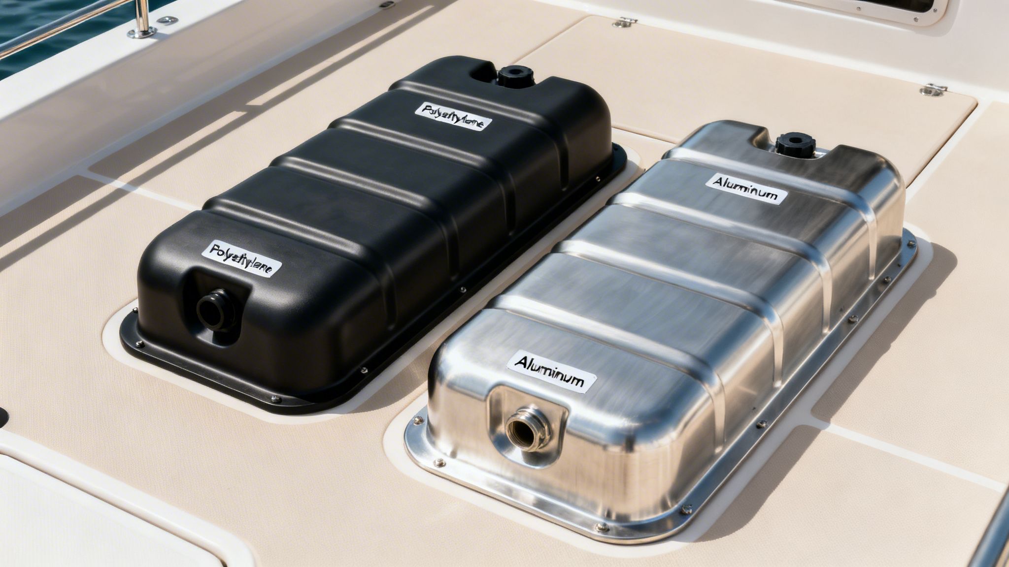 Two underfloor fuel tanks for boats, one black polyethylene and one silver aluminum, on a boat deck.