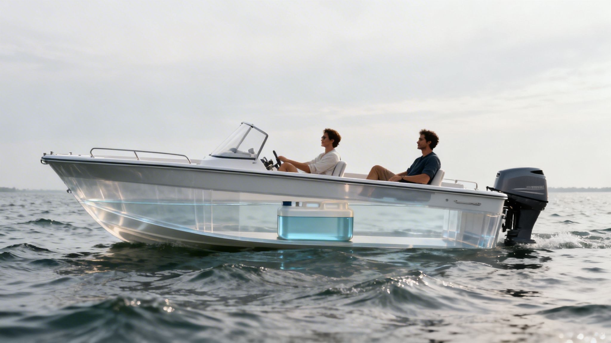 A modern boat with a transparent hull revealing an underfloor fuel tank on the water, with two men on board.