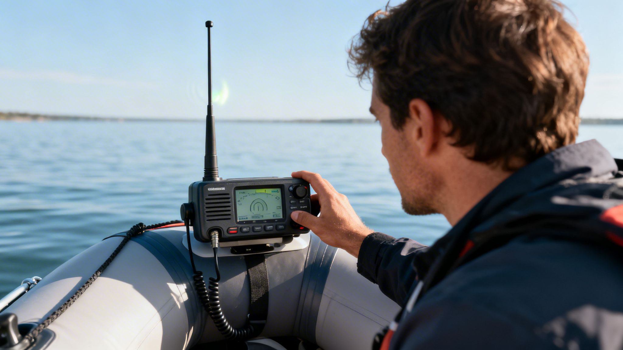 A man in a small boat adjusting the settings on a handheld vhf marine radio and antenna.
