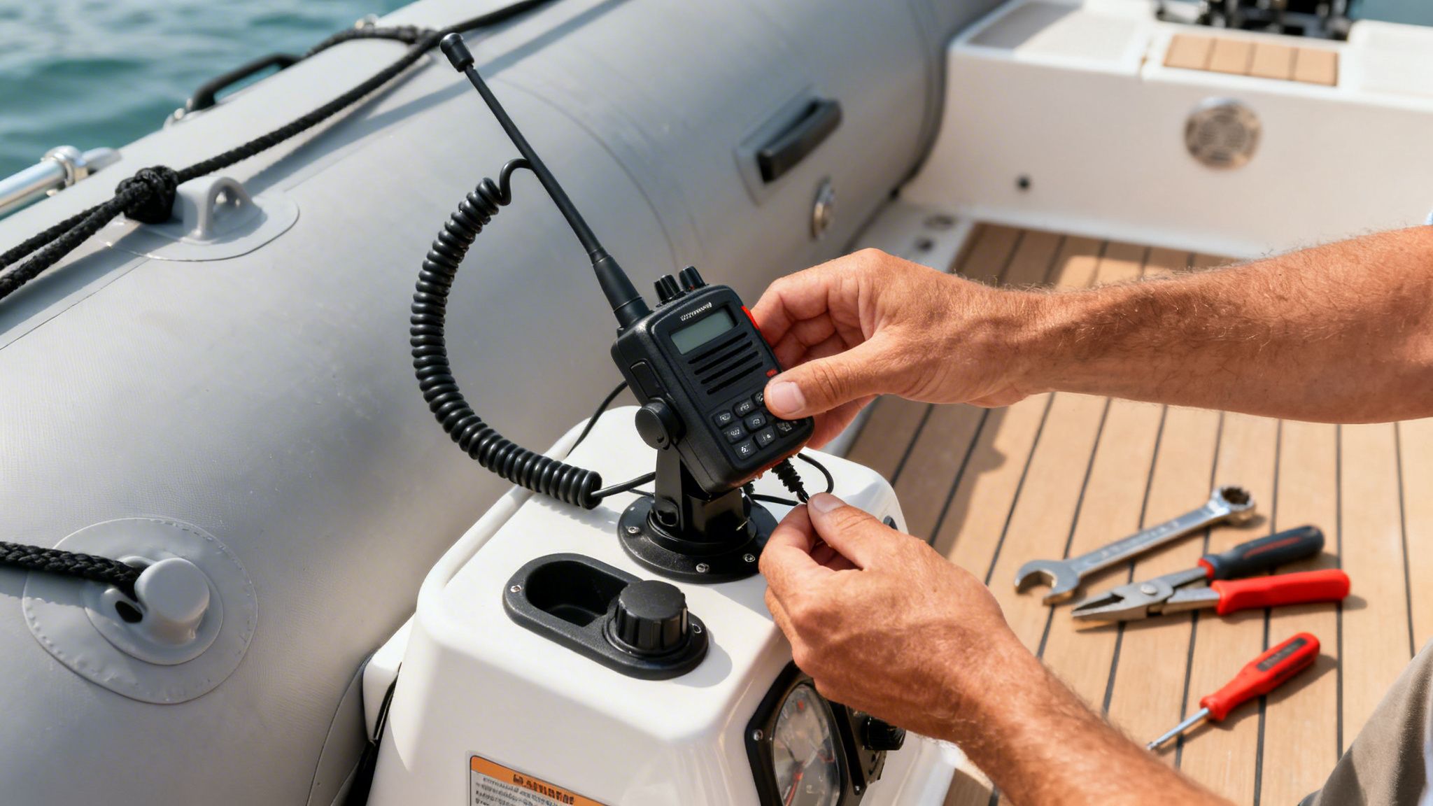 A person adjusting a VHF marine radio mounted on the console of an inflatable boat.