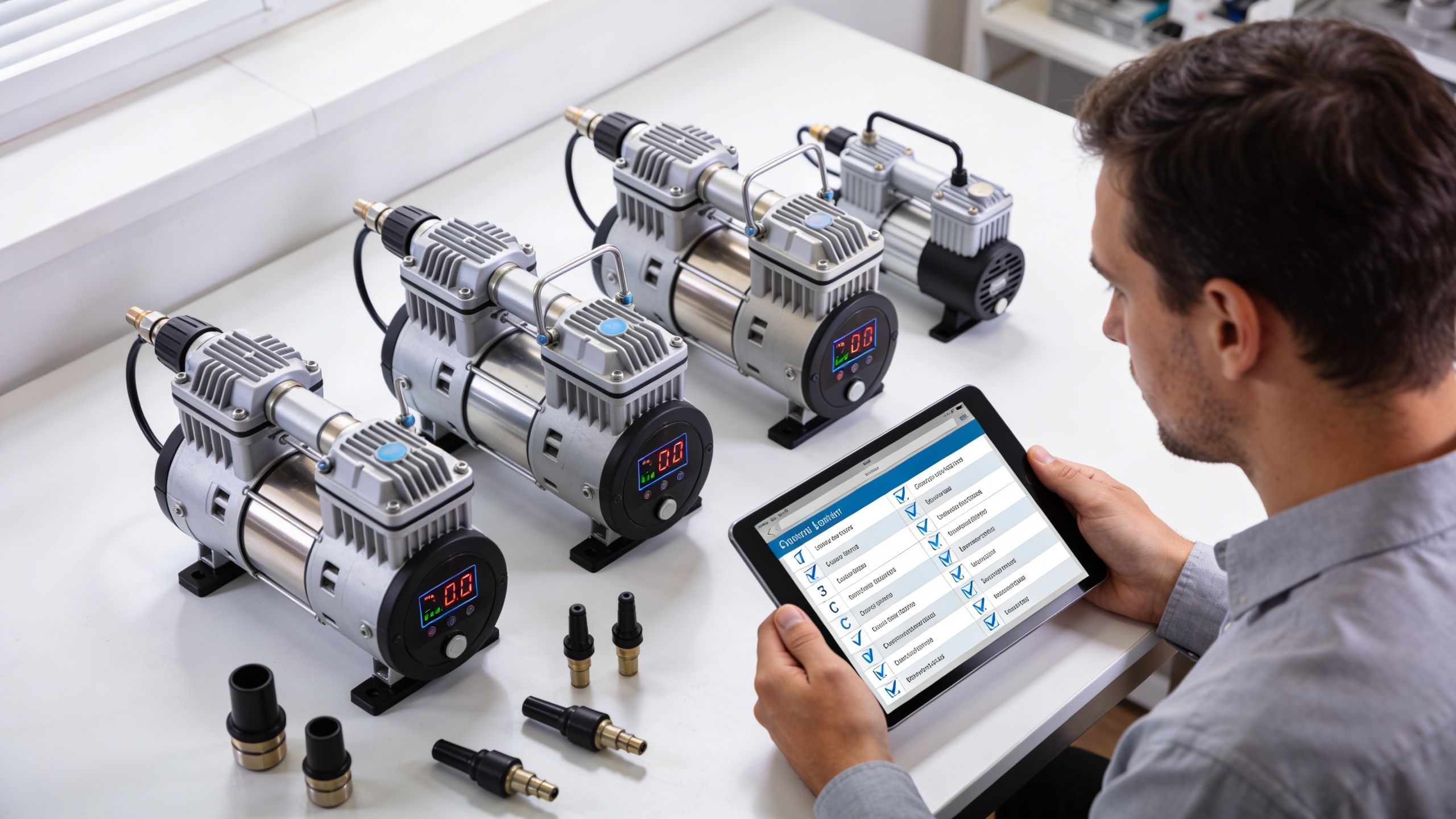 A man using a tablet to inspect multiple air electric pump units on a workbench.