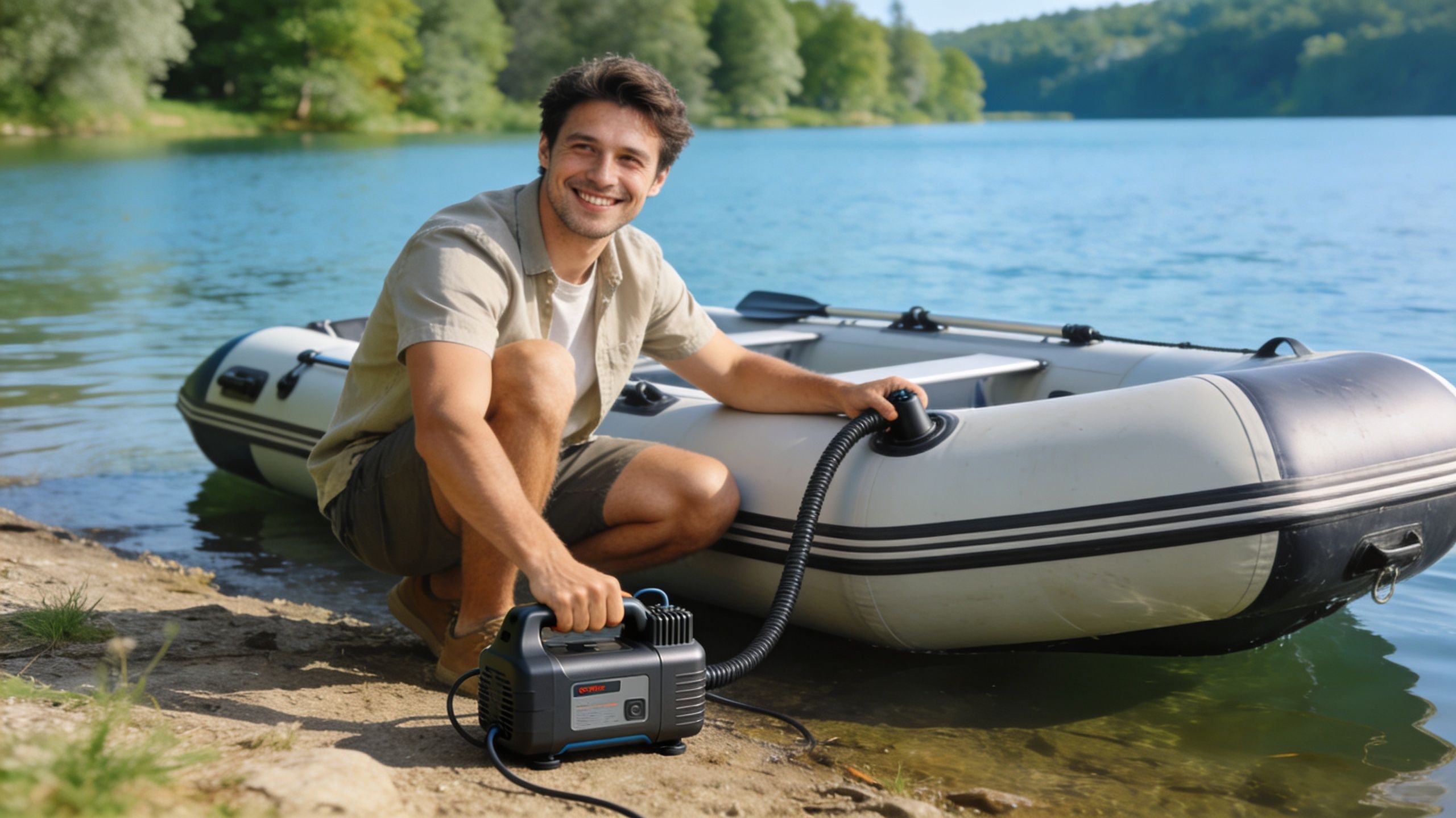 A man smiling while using a portable electric air pump to inflate a rubber raft by the lake.