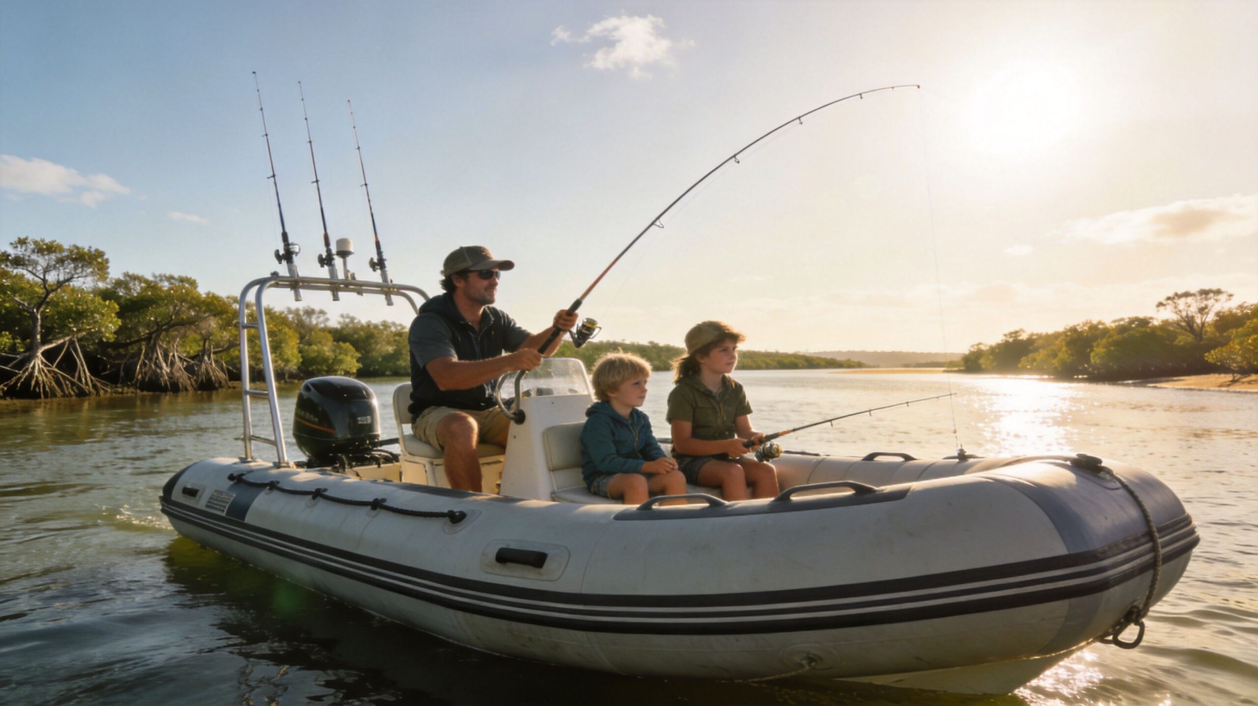 A man and two young children fishing from an inflatable boat on a sunny river.