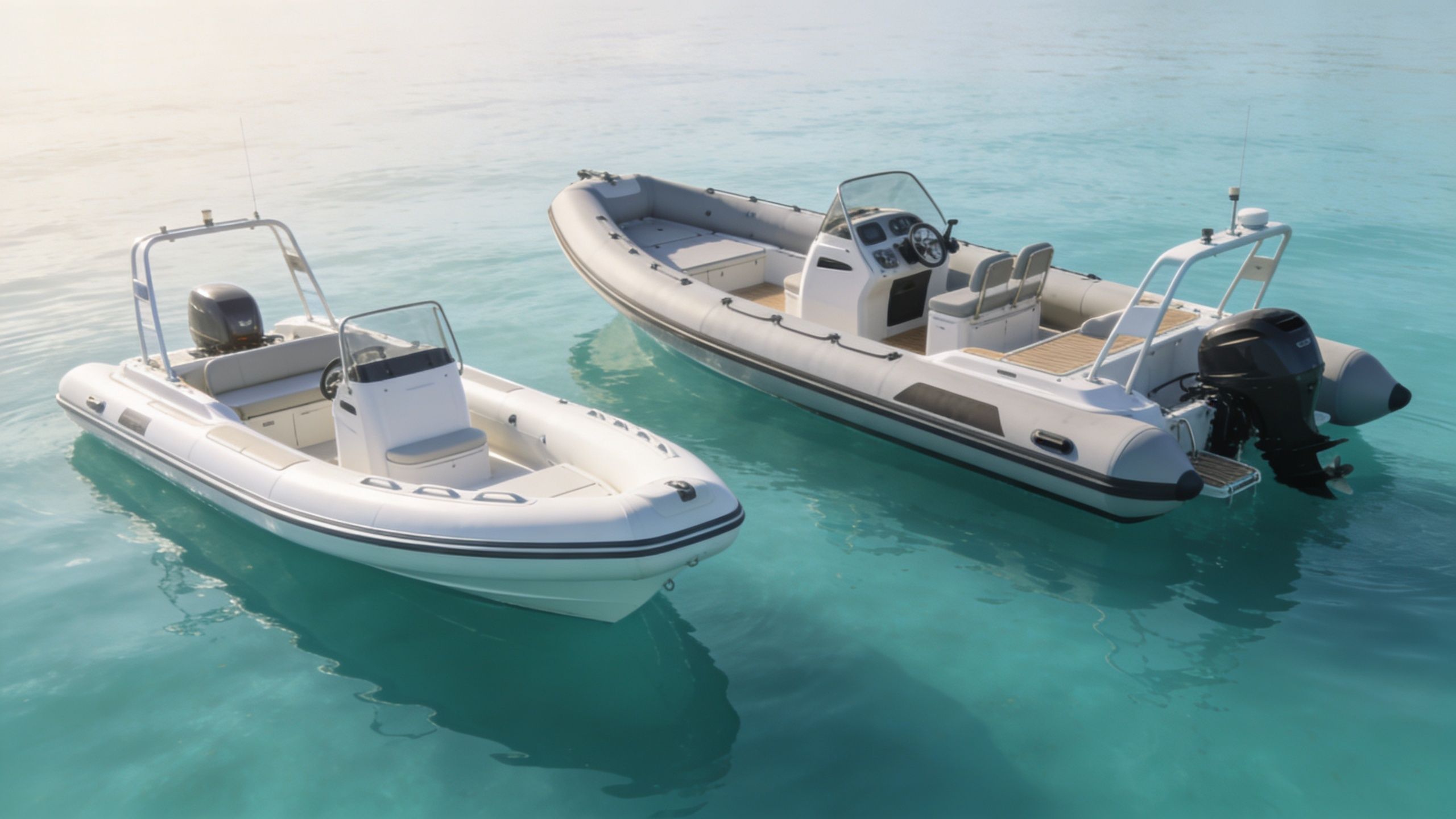 Two modern white inflatable motorboats with grey accents floating on clear blue turquoise ocean water.