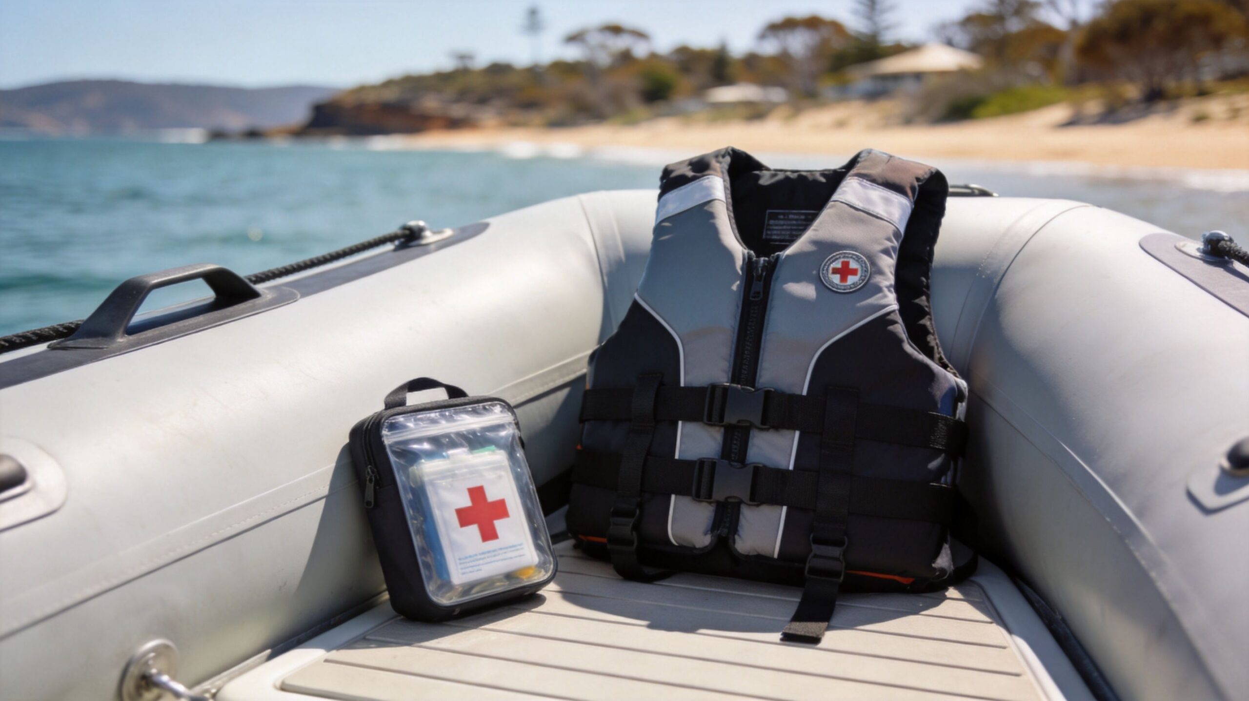 A life jacket and a first aid kit sitting inside an inflatable boat on the water.