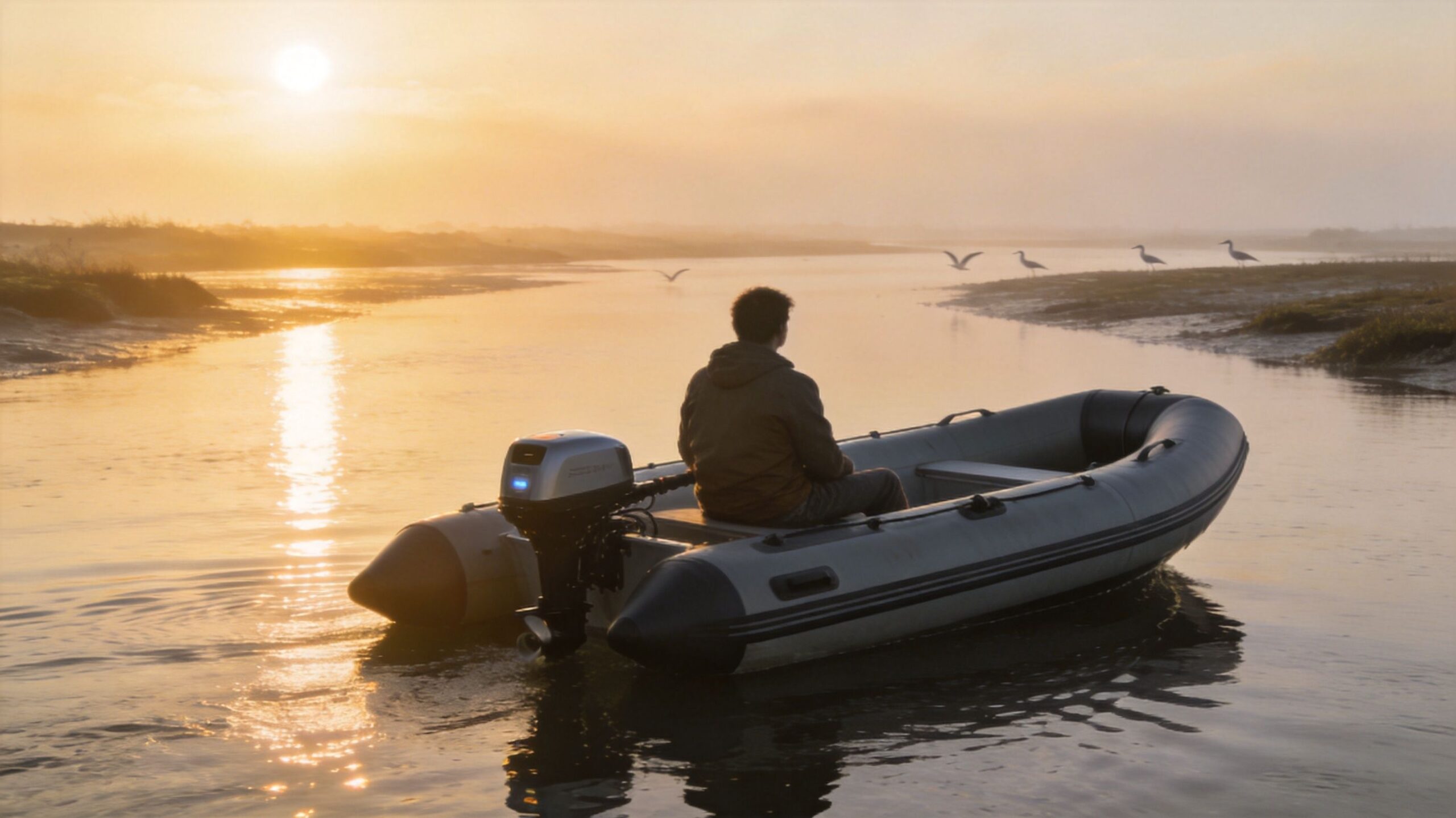 A person sitting in an inflatable rubber boat on a calm river during a golden sunset