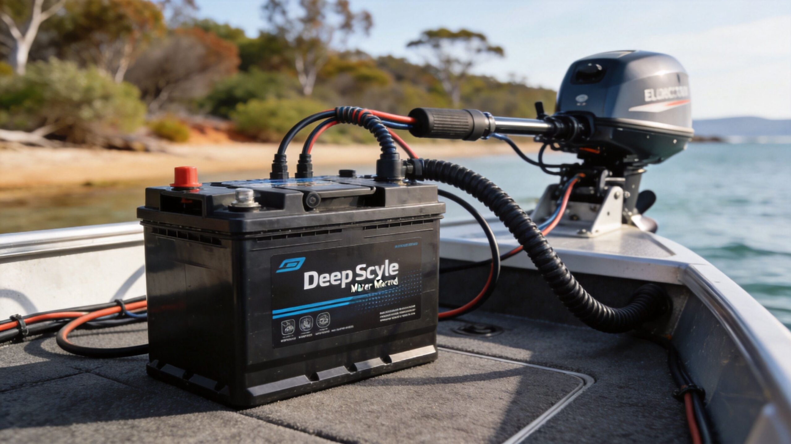A black deep cycle battery powering an electric trolling motor on a small boat on the water.