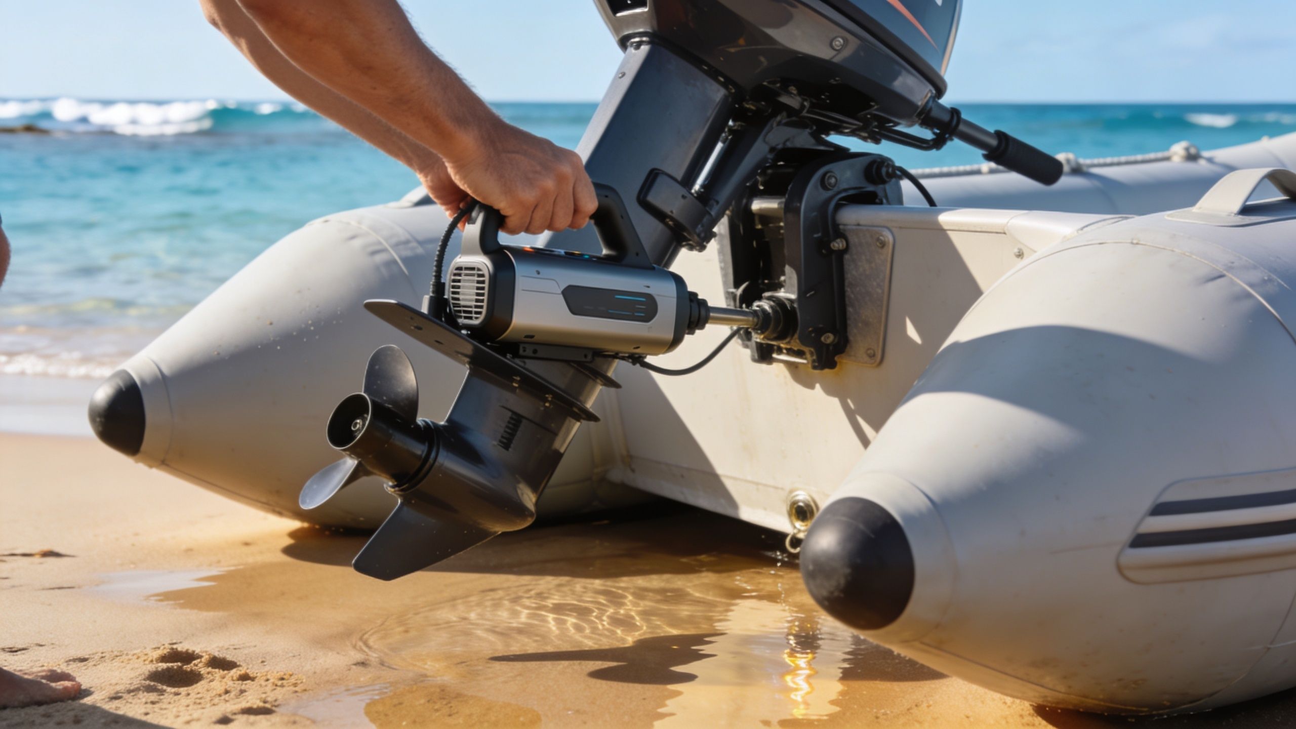 A person holding a compact portable electric trolling engine in front of an inflatable boat on a beach.