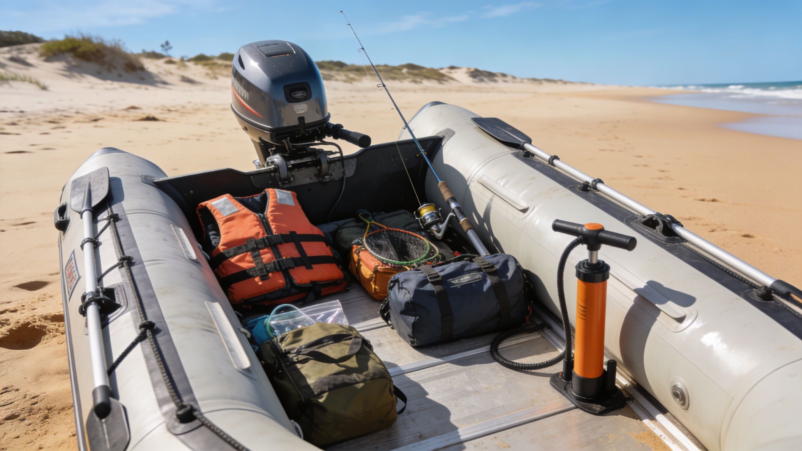 An inflatable boat with fishing gear and a life vest parked on a sandy beach.