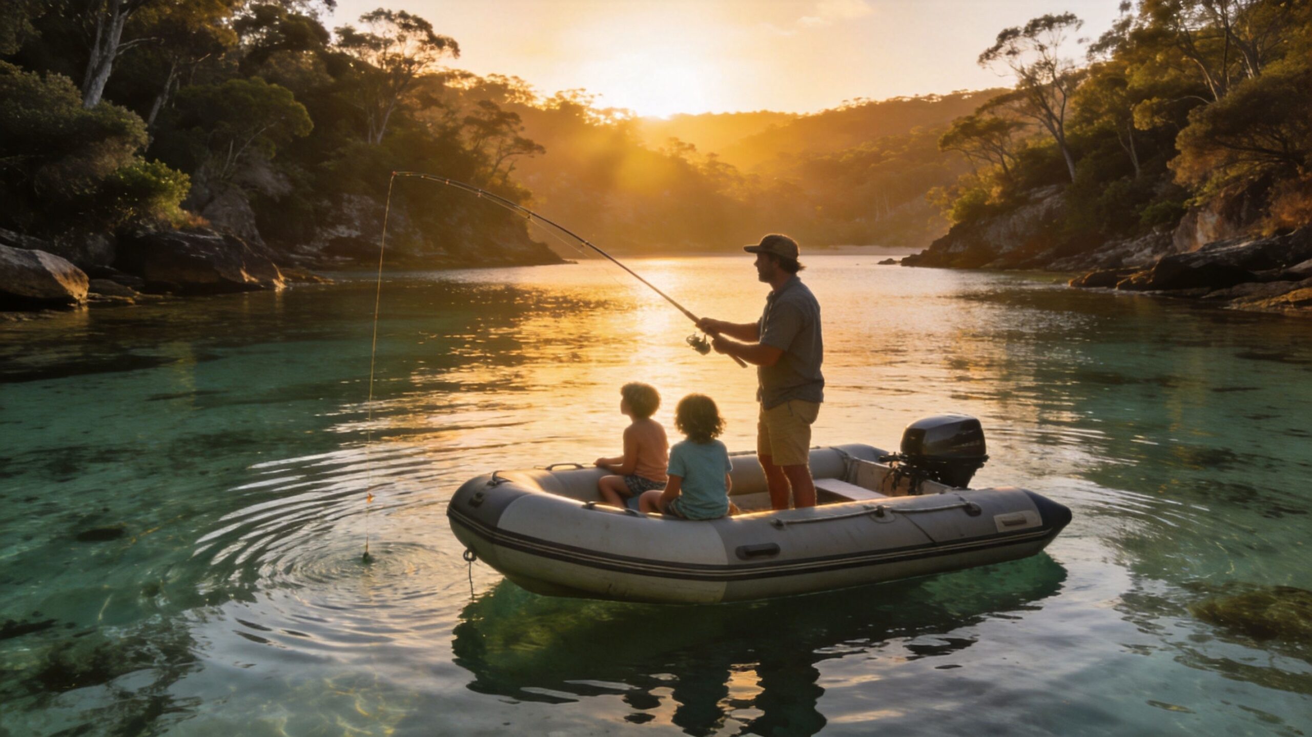 A father and two children fishing from an inflatable boat during a beautiful sunset on calm water.