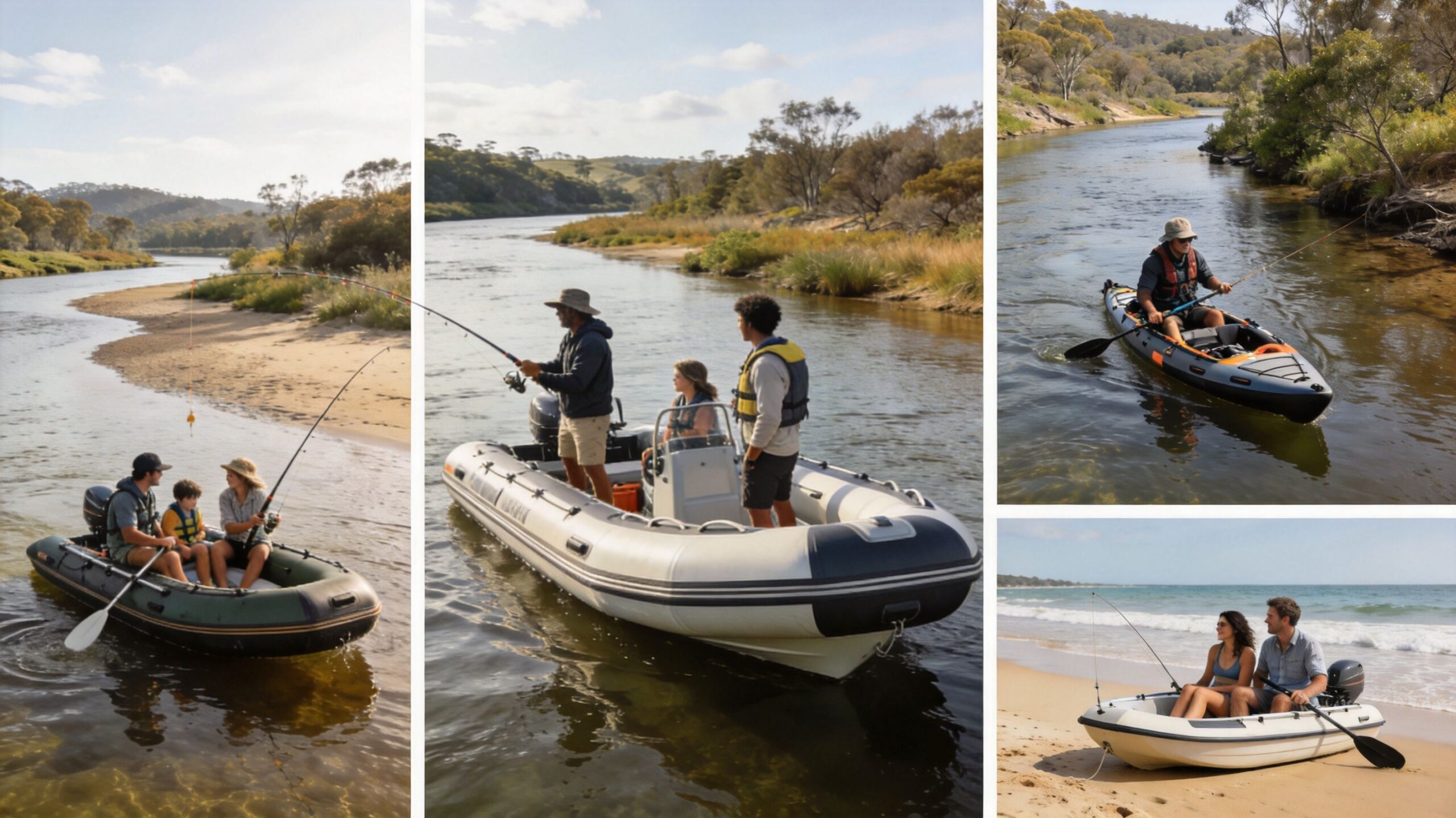 A collage showing families and individuals enjoying recreational fishing and boating in various inflatable watercraft on rivers.