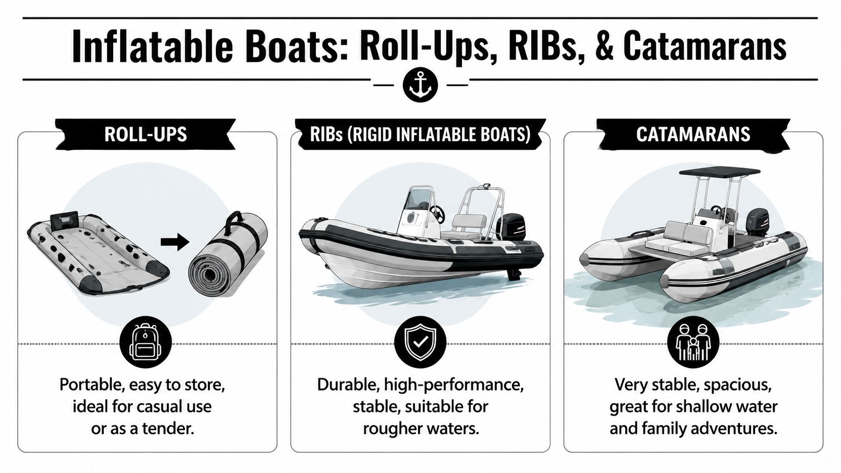 A comparison infographic showing the types of inflatable boats including roll-ups, RIBs, and catamarans.