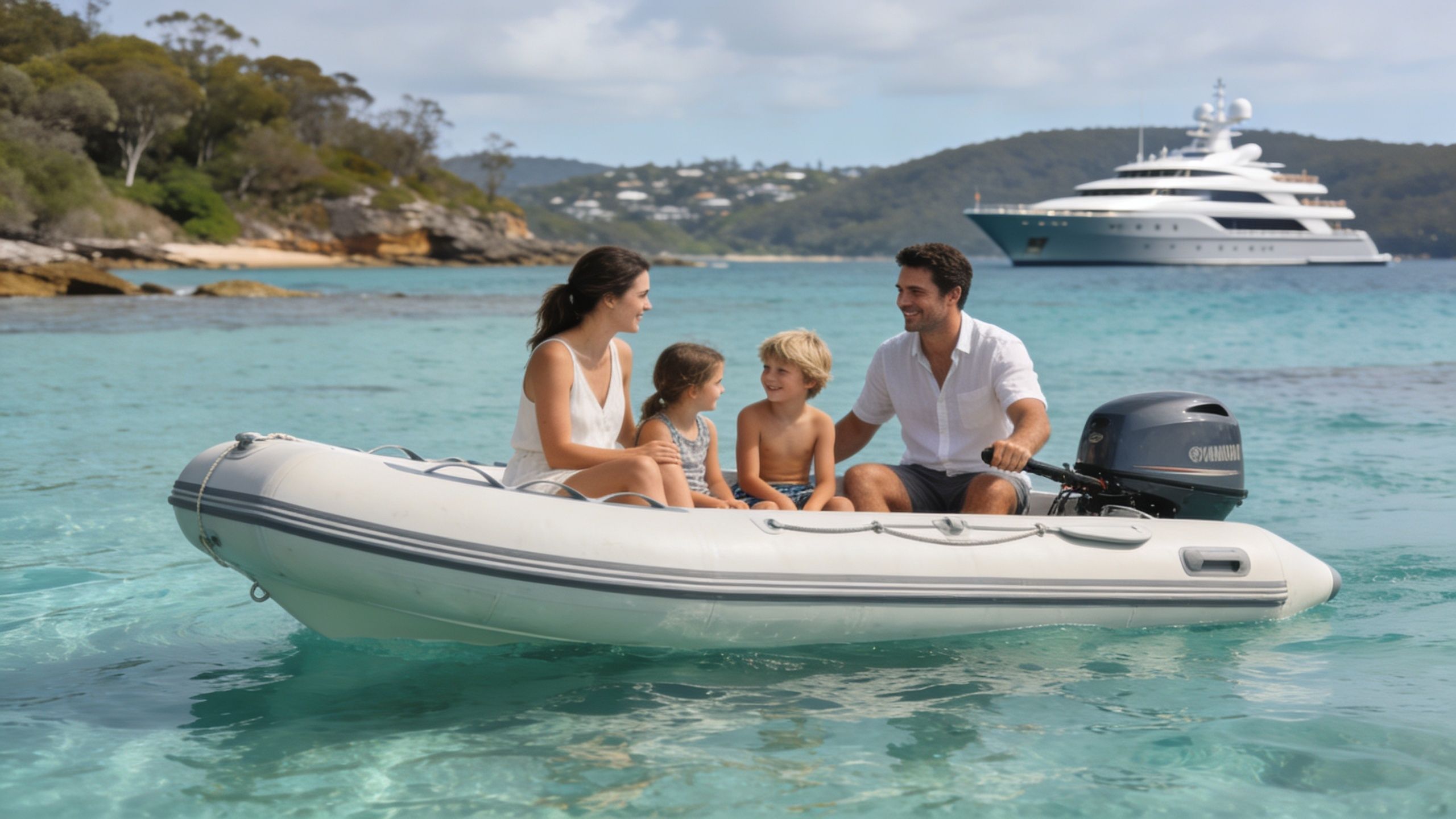 A happy family riding an inflatable boat in clear blue water with a large yacht nearby.