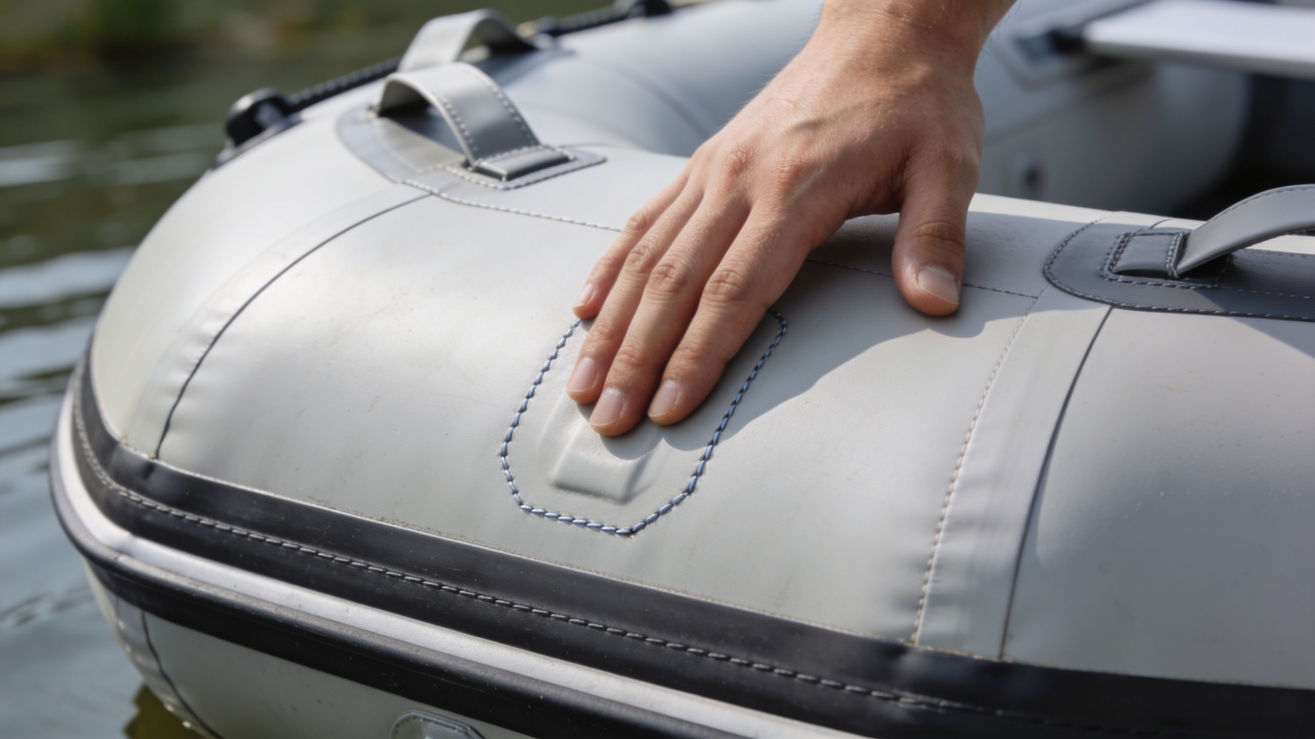A close-up view of a person's hand resting on the grey rubber surface of an inflatable boat.