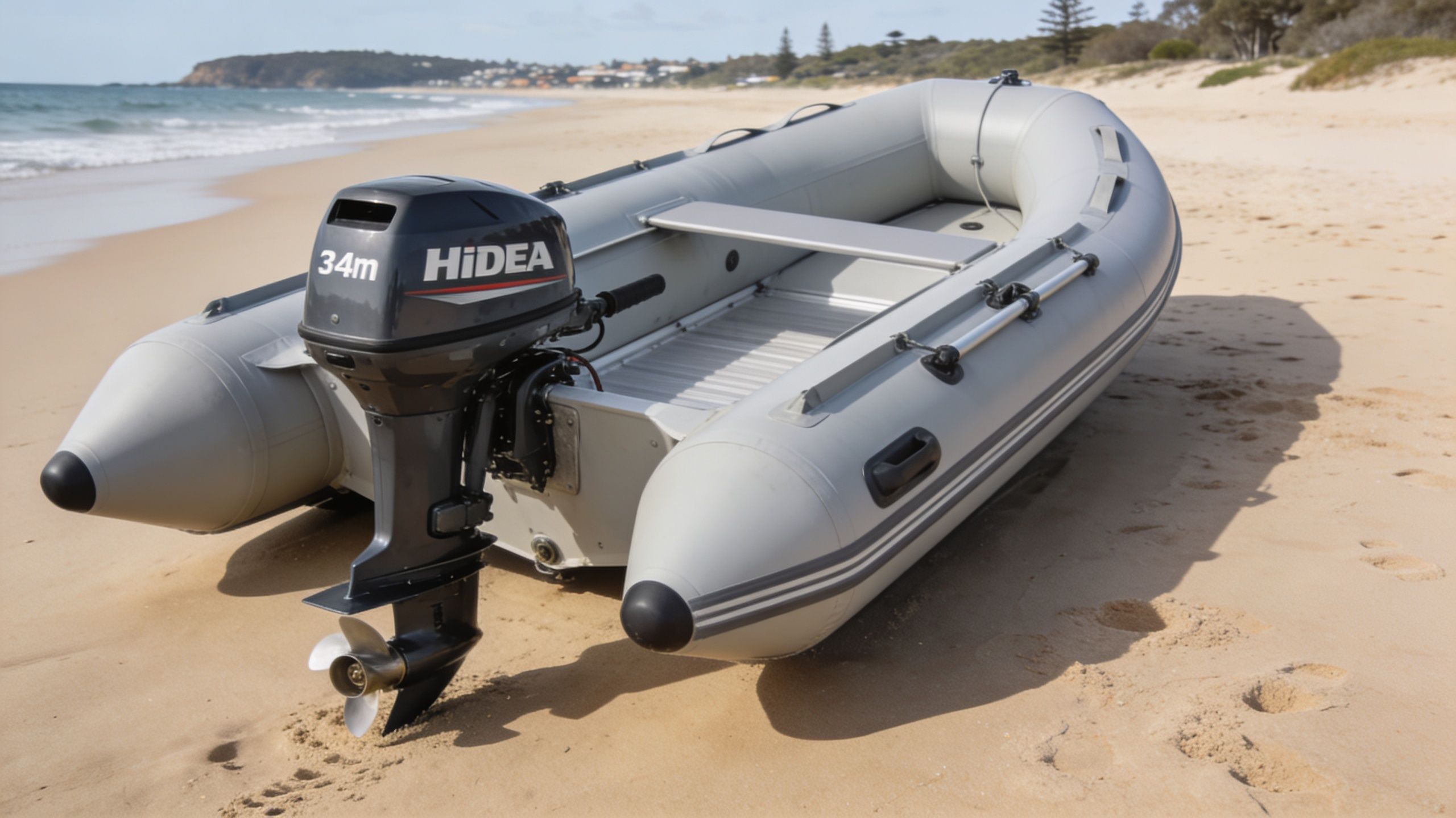 A gray inflatable boat with a Hidea outboard motor parked on a sandy beach near the ocean.