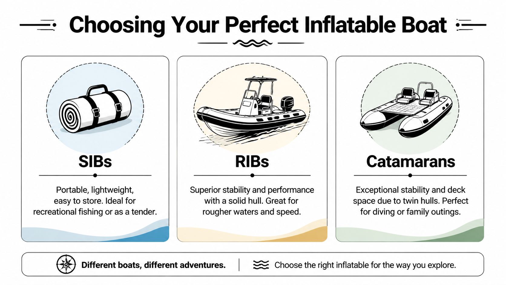 An infographic titled Choosing Your Perfect Inflatable Boat showing illustrations of SIBs, RIBs, and Catamarans with their descriptions.