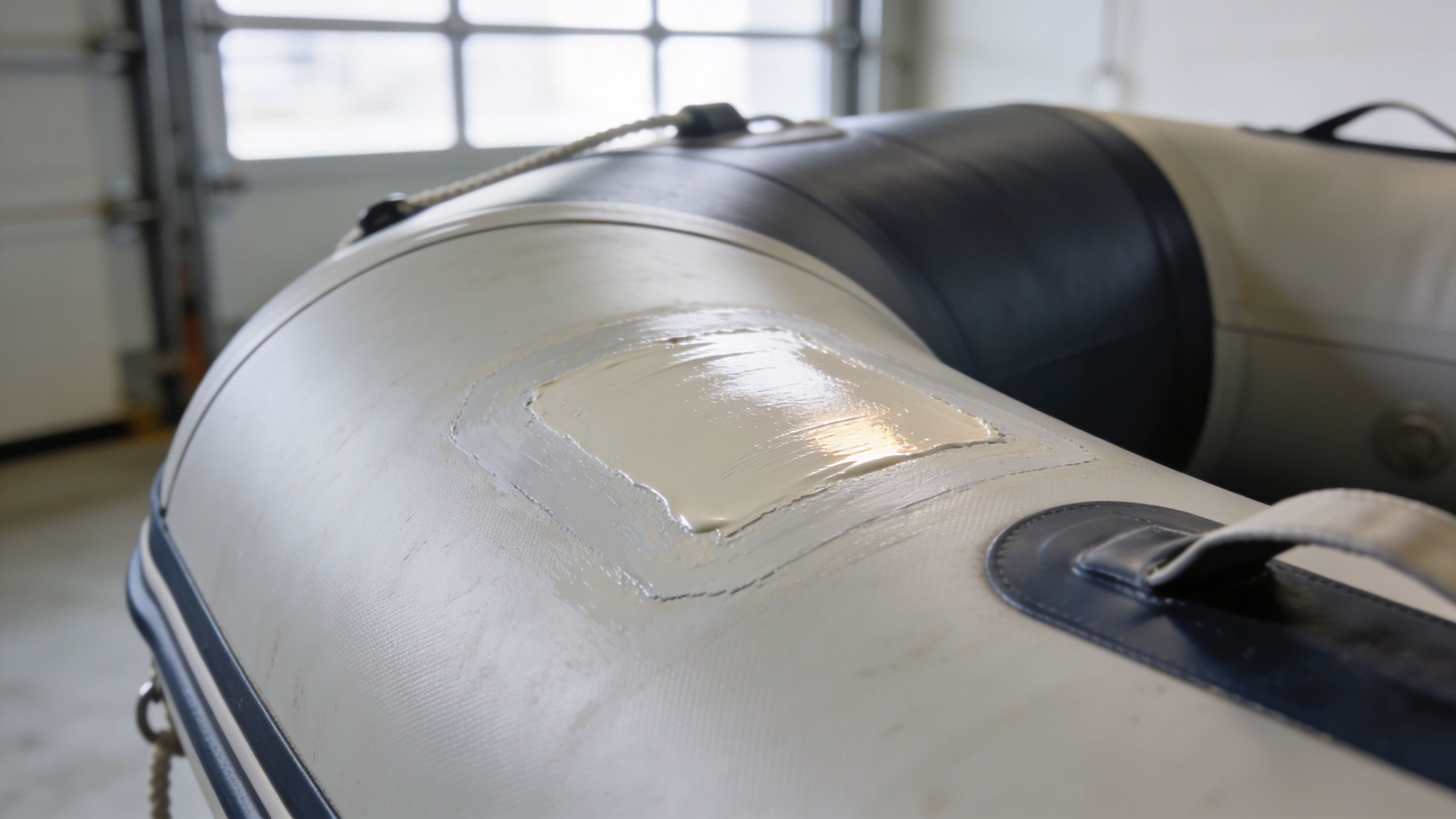 A close-up view of a freshly applied repair patch on the surface of an inflatable dinghy.