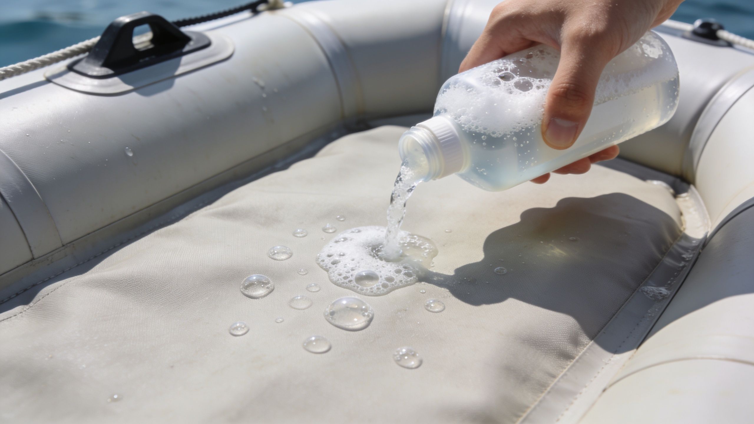 A hand pouring soapy water from a bottle onto the surface of an inflatable rubber dinghy.