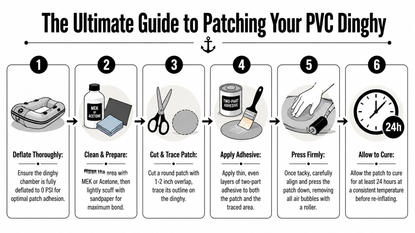 A six-step infographic showing the guide to patching and repairing a PVC inflatable dinghy boat.