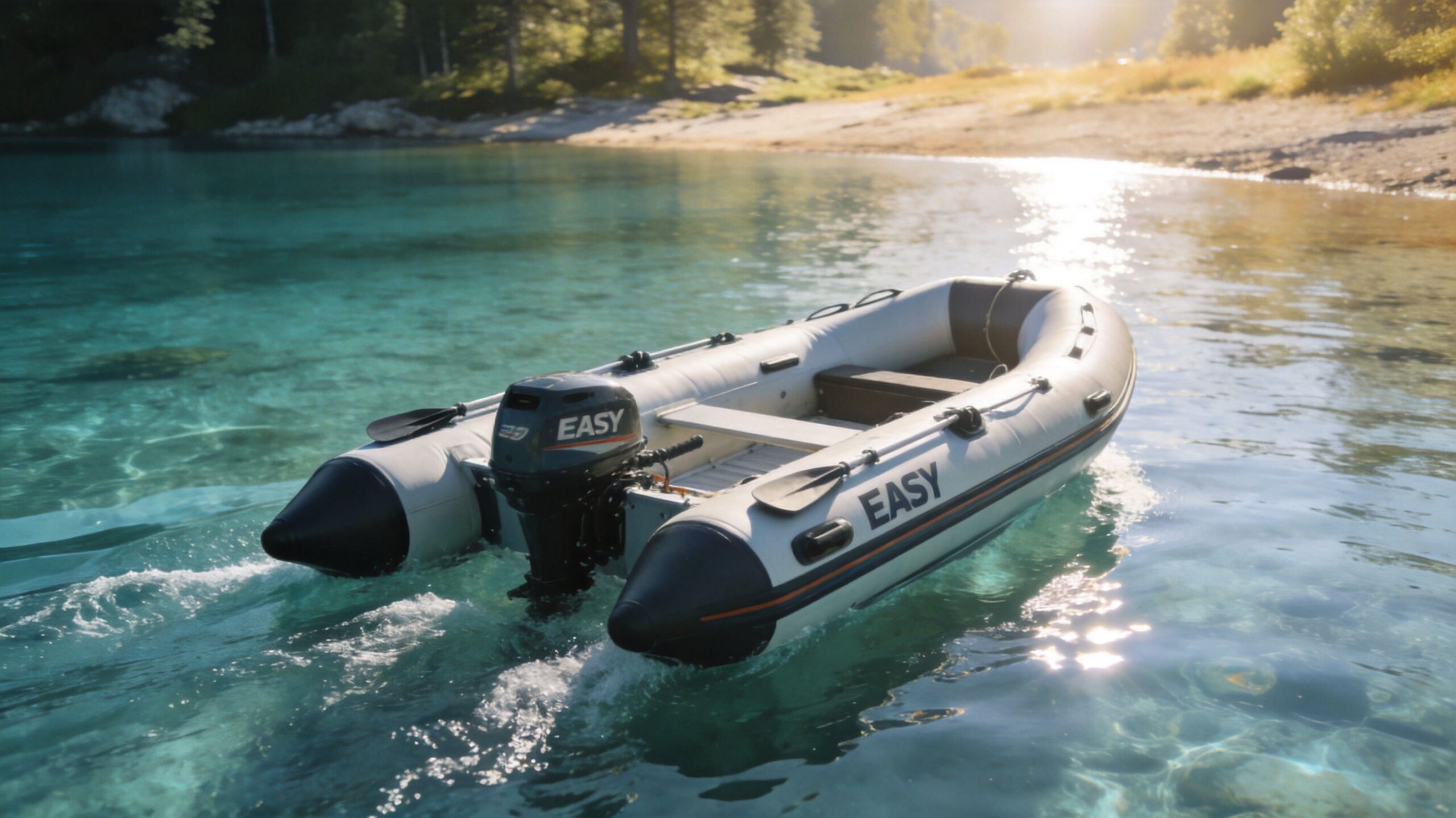 An inflatable rubber boat with a motor moving across calm, clear blue water near a sunny shore.