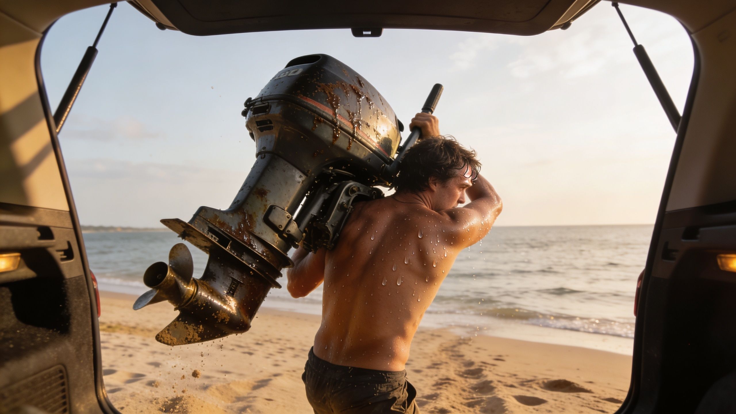 A shirtless man carries a heavy outboard motor on his shoulder while walking on a sandy beach.