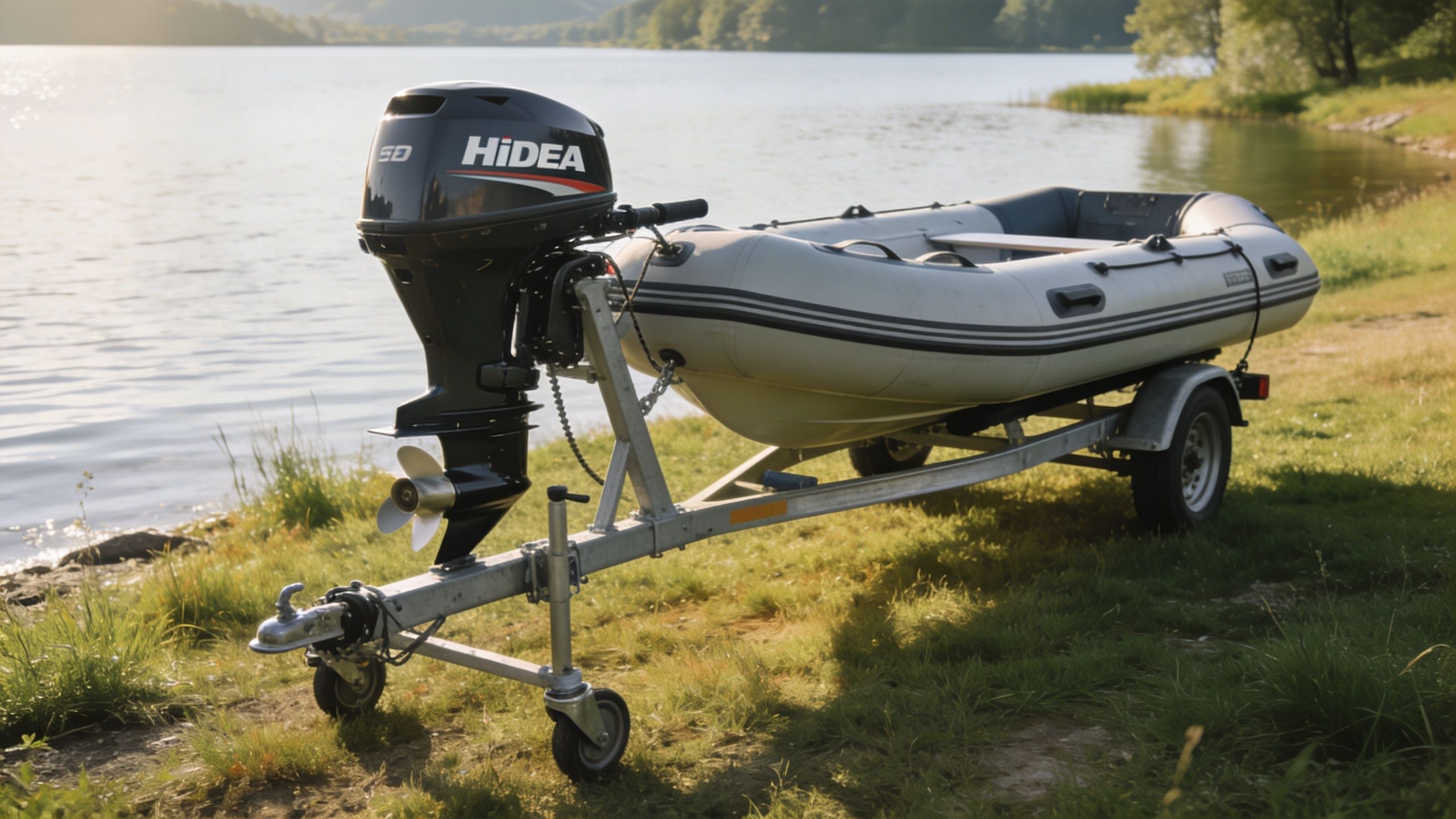 A gray inflatable boat with a Hidea outboard motor mounted on a metal transport trolley outdoors.
